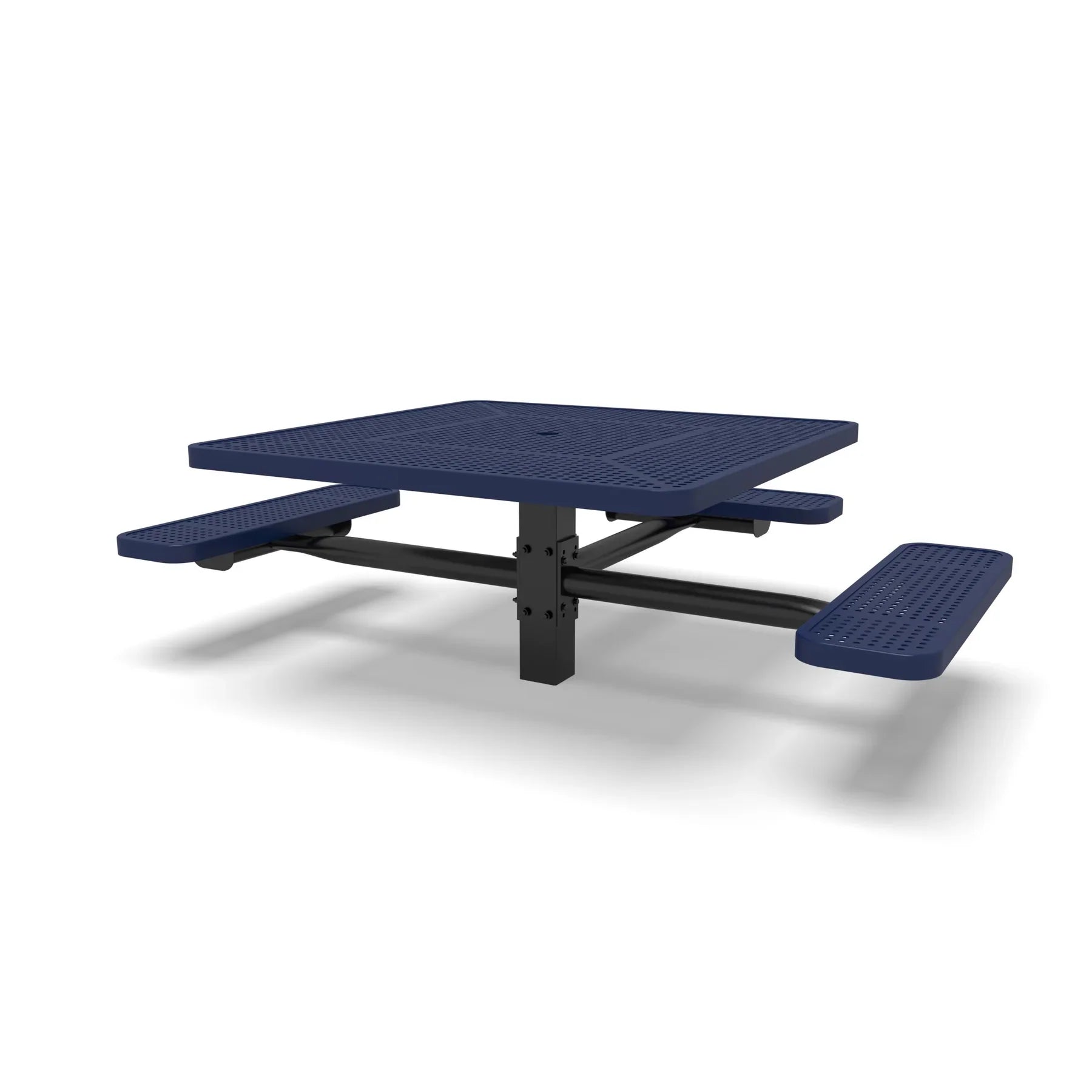 Black & Blue Wabash Valley Signature Square Pedestal Picnic Table, Perforated, Standard - ADA Accessible - Inground - 46 Inch, in plastisol-coated steel, model SG235P, square outdoor dining table