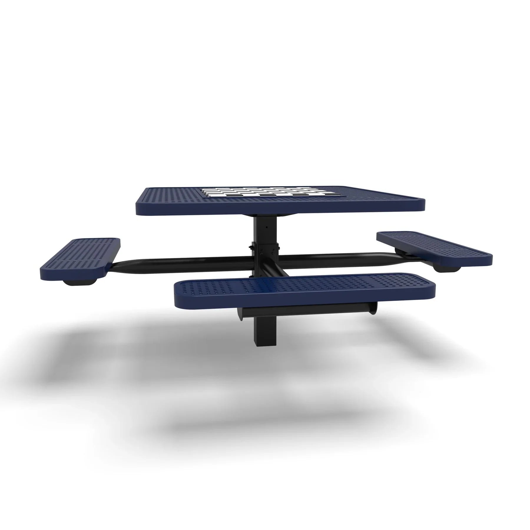 Black & Blue Wabash Valley Signature Square Pedestal Picnic Table, Perforated, Chessboard - ADA Accessible - Inground - 46 Inch, in plastisol-coated steel, model SP230P, chess and checkers table