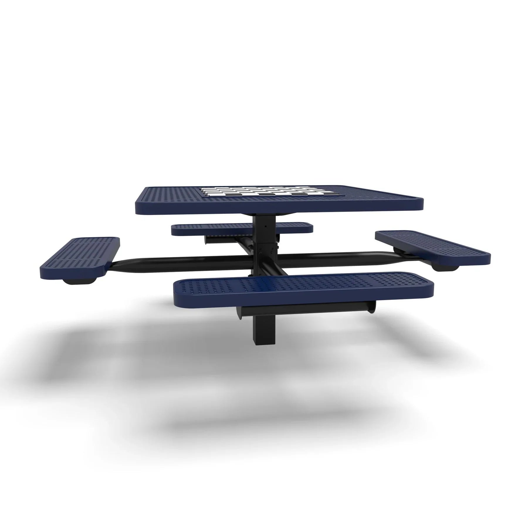 Black & Blue Wabash Valley Signature Square Pedestal Picnic Table, Perforated, Chessboard - 4 Seats - Inground - 46 Inch, in plastisol-coated steel, model SP225P, chess and checkers table