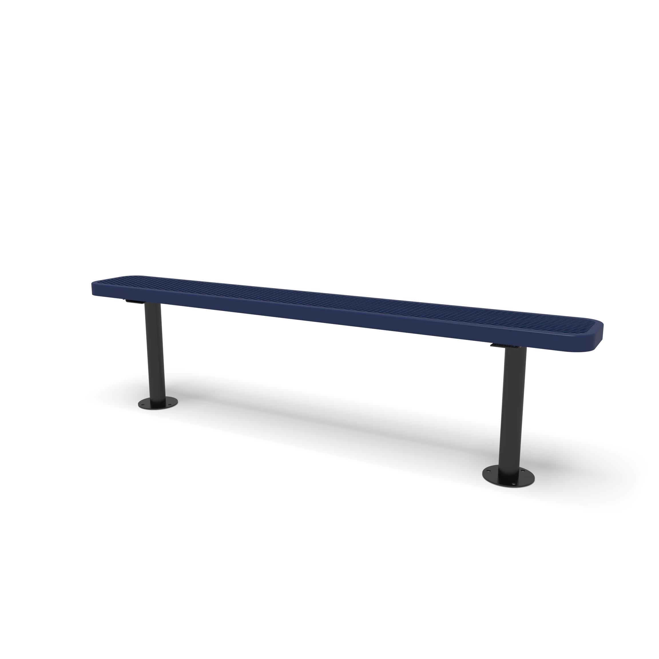 Black & Blue Wabash Valley Signature Steel Backless Bench, Diamond, 6' Surface Mount base plates, blue seat on a black frame, plastisol-coated steel, outdoor bench without back