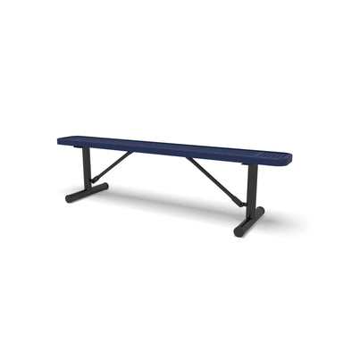 Black & Blue Wabash Valley Signature Steel Backless Bench, Perforated, 6' Portable with braced legs, blue seat on a black frame, plastisol-coated steel, commercial seating bench