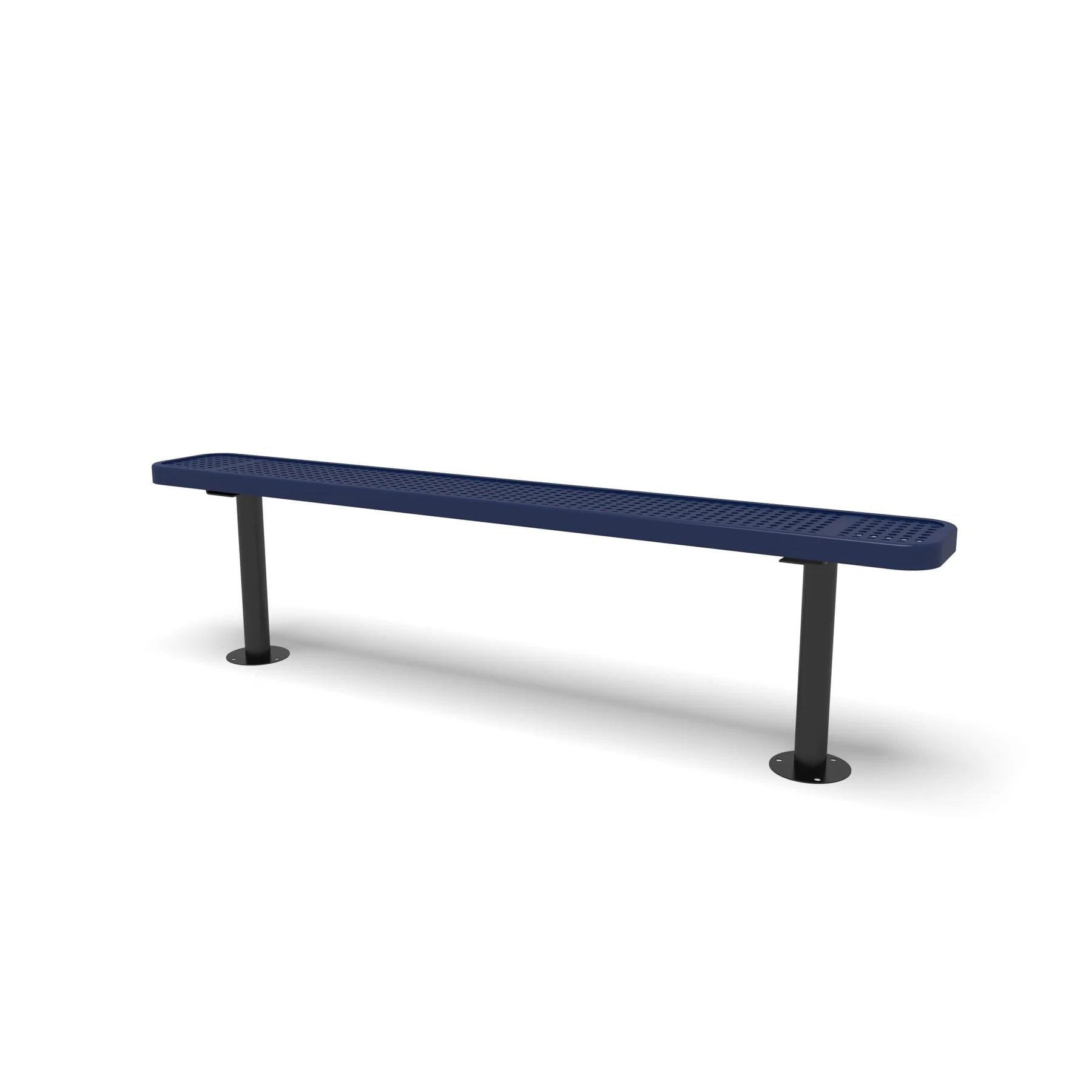 Black & Blue Wabash Valley Signature Steel Backless Bench, Perforated, 6' Surface Mount base plates, blue seat on a black frame, plastisol-coated steel, metal bench without back