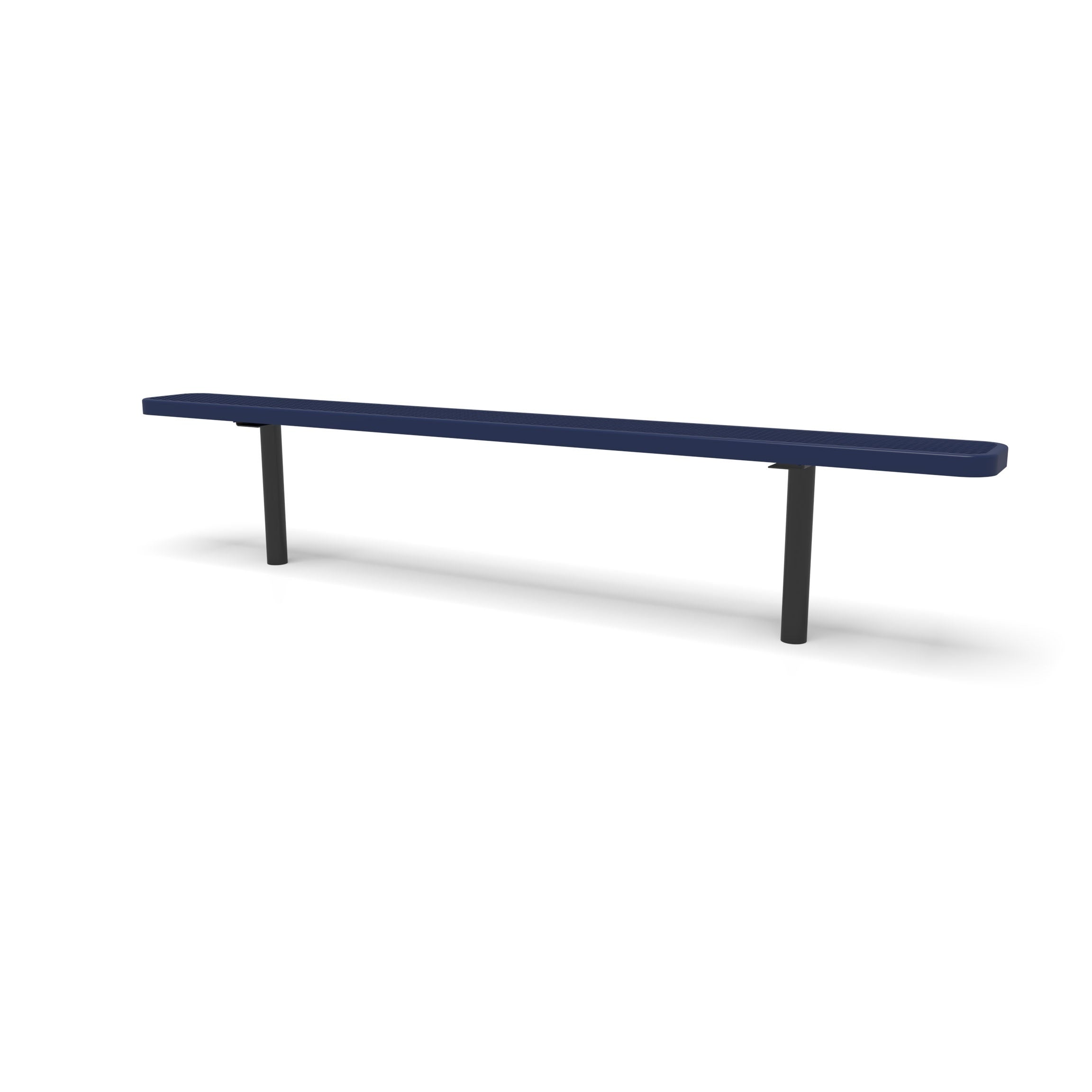 Black & Blue Wabash Valley Signature Steel Backless Bench, Diamond, 8' Inground posts, blue seat on a black frame, plastisol-coated steel, team bench