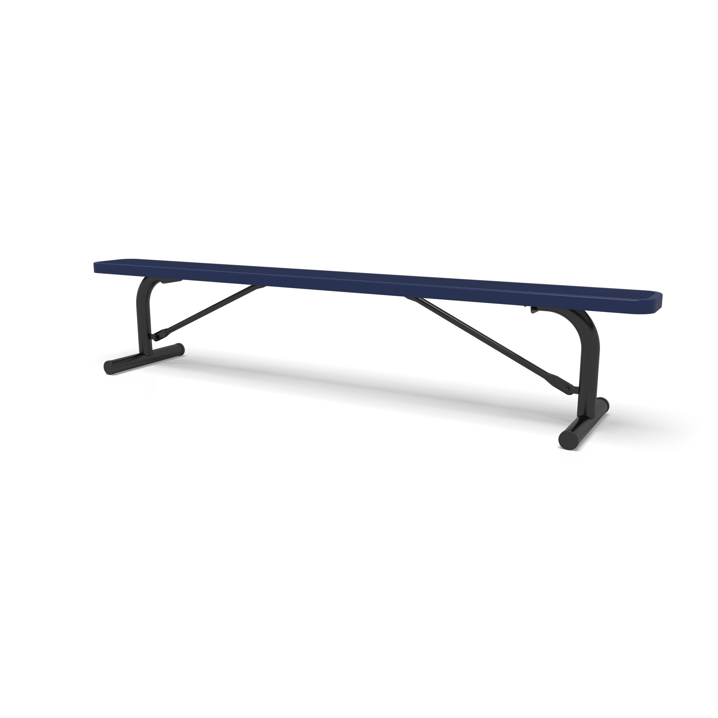 Black & Blue Wabash Valley Signature Steel Backless Bench, Diamond, 8' Portable with braced legs, blue seat on a black frame, plastisol-coated steel, outdoor bench without back