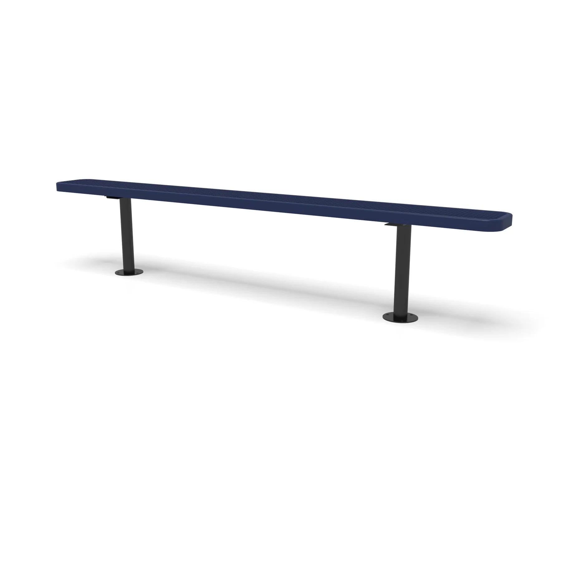 Black & Blue Wabash Valley Signature Steel Backless Bench, Diamond, 8' Surface Mount base plates, blue seat on a black frame, plastisol-coated steel, long outdoor bench