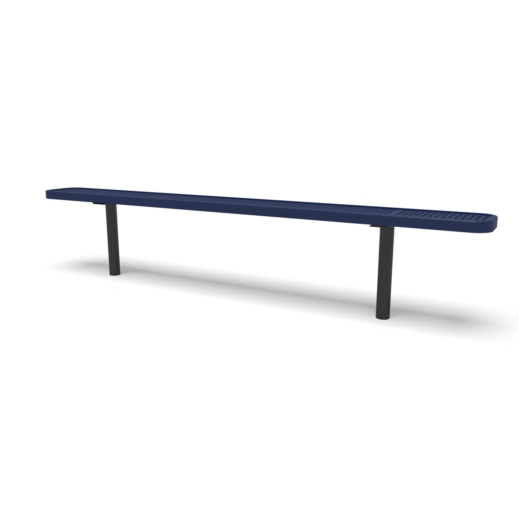 Black & Blue Wabash Valley Signature Steel Backless Bench, Perforated, 8' Inground posts, blue seat on a black frame, plastisol-coated steel, 96 inch bench