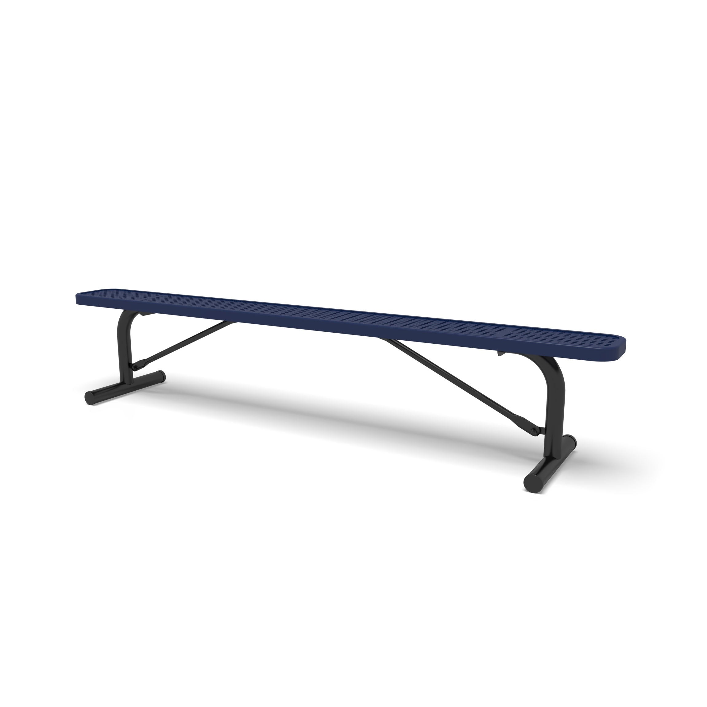 Black & Blue Wabash Valley Signature Steel Backless Bench, Perforated, 8' Portable with braced legs, blue seat on a black frame, plastisol-coated steel, 96 inch bench