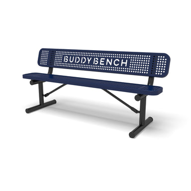 Black & Blue Wabash Valley Signature Steel Buddy Bench, Perforated, Portable with braced legs, blue seat and back on a black frame, plastisol-coated steel, three-quarter view of the BUDDY BENCH lettering