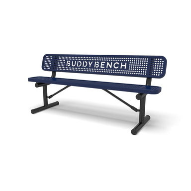 Black & Blue Wabash Valley Signature Steel Buddy Bench, Perforated, Portable with braced legs, blue seat and back on a black frame, plastisol-coated steel, buddy bench for schools