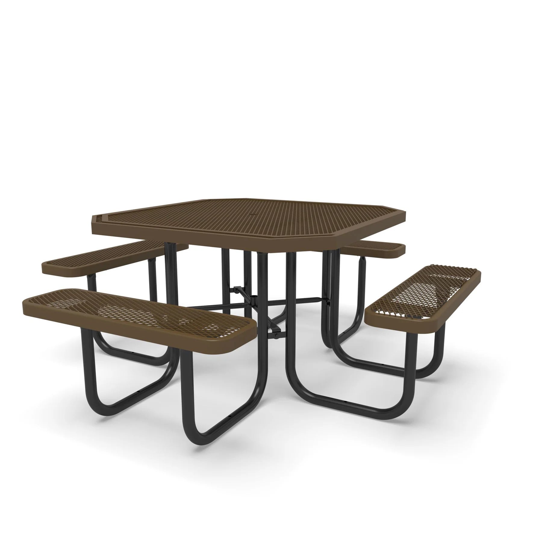 Black & Brown Wabash Valley Signature Octagon Diamond Metal Portable Picnic Table, brown top and seats on a black frame, plastisol-coated steel, metal picnic table with umbrella pole opening