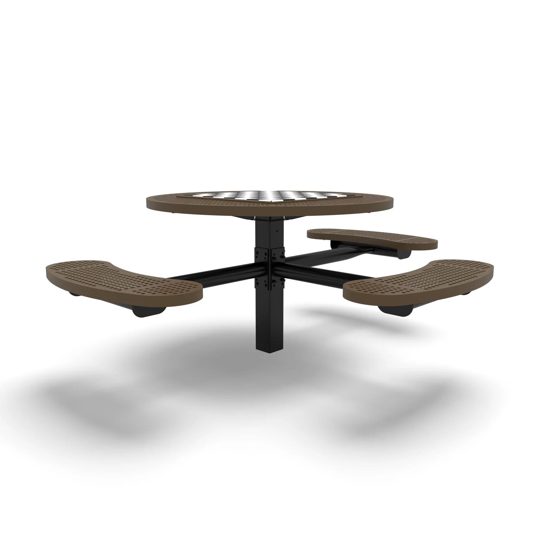 Black & Brown Wabash Valley Signature Round Pedestal Picnic Table, Perforated, Chessboard - ADA Accessible - Inground, in plastisol-coated steel, model SP215P, park chess table