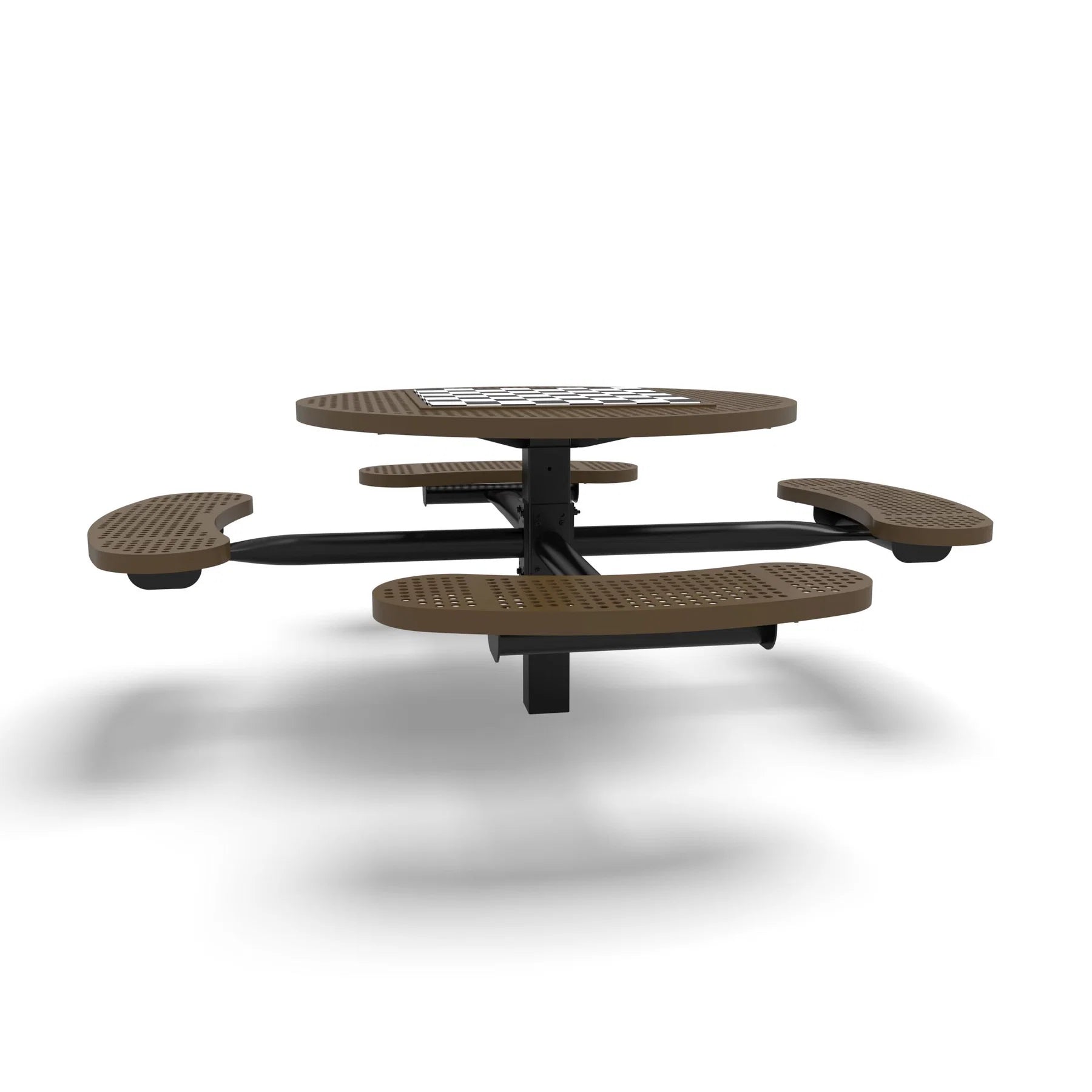 Black & Brown Wabash Valley Signature Round Pedestal Picnic Table, Perforated, Chessboard - 4 Seats - Inground, in plastisol-coated steel, model SP210P, park chess table