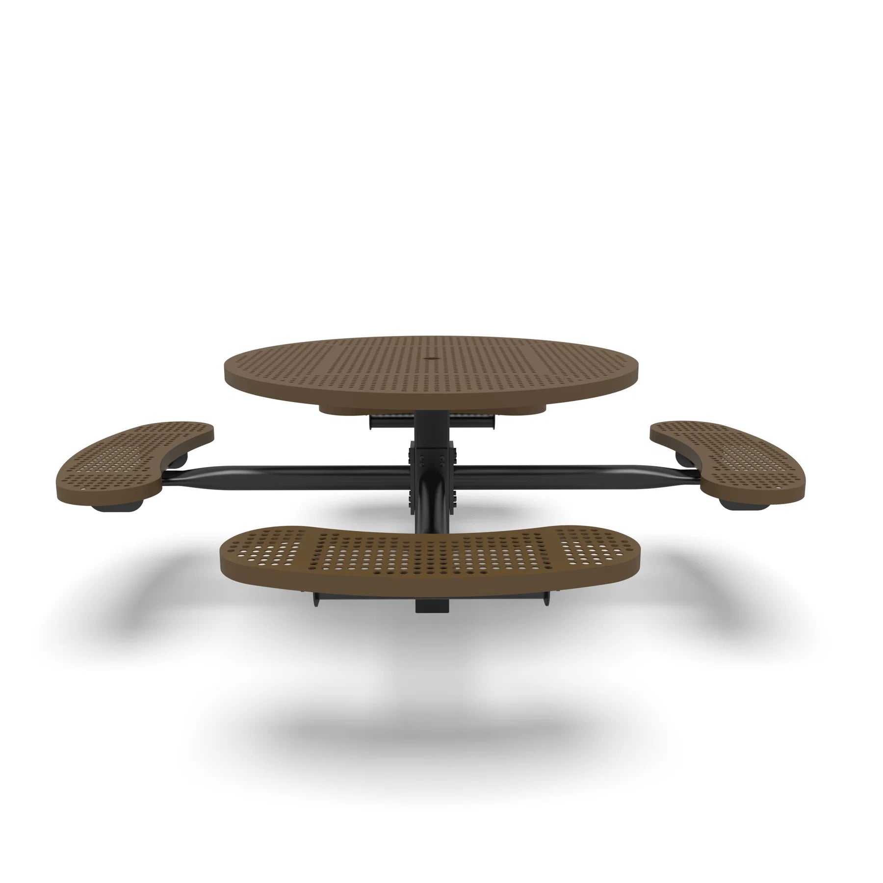 Black & Brown Wabash Valley Signature Round Pedestal Picnic Table, Perforated, Standard - 4 Seats - Inground, in plastisol-coated steel, model SG245P, commercial patio furniture