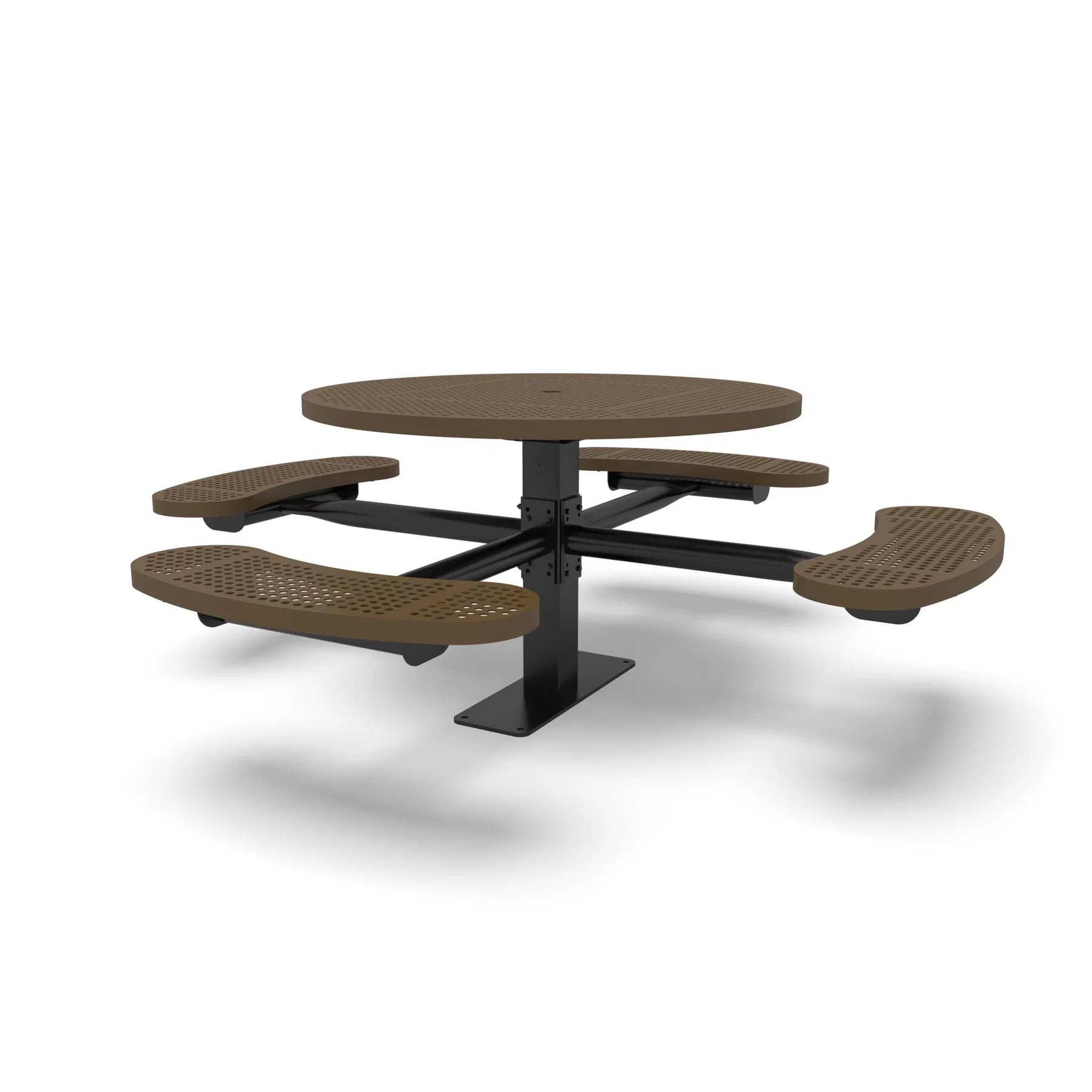 Black & Brown Wabash Valley Signature Round Pedestal Picnic Table, Perforated, Standard - 4 Seats - Surface Mount, in plastisol-coated steel, model SG244P, outdoor cafe tables