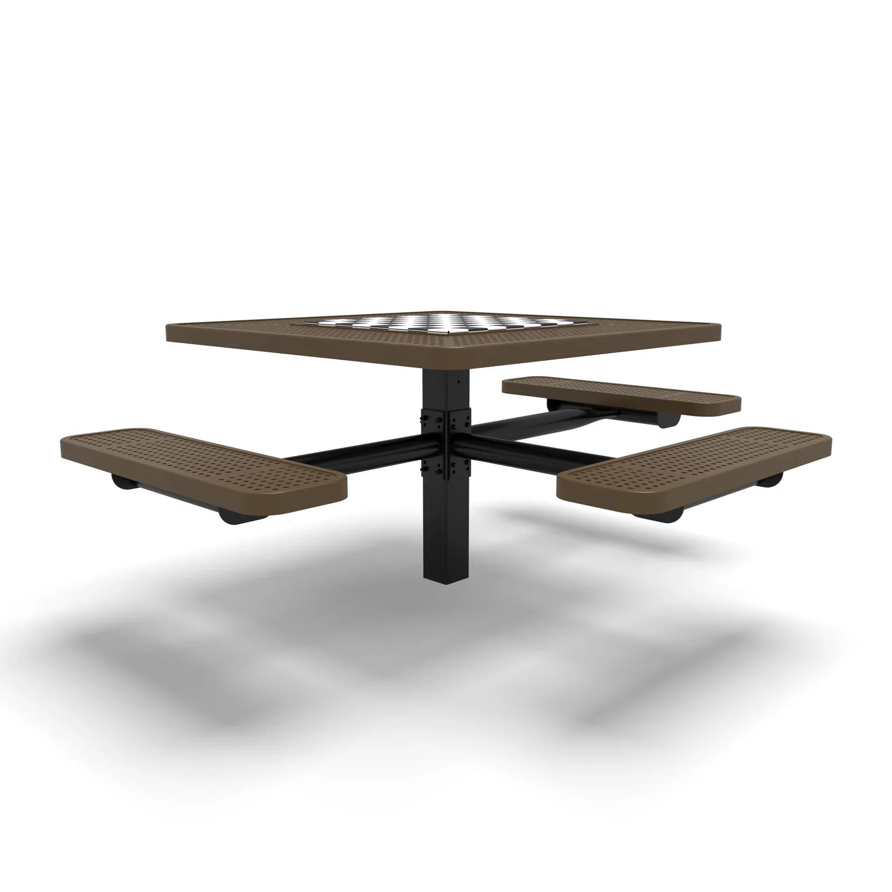 Black & Brown Wabash Valley Signature Square Pedestal Picnic Table, Perforated, Chessboard - ADA Accessible - Inground - 46 Inch, in plastisol-coated steel, model SP230P, outdoor checkers table