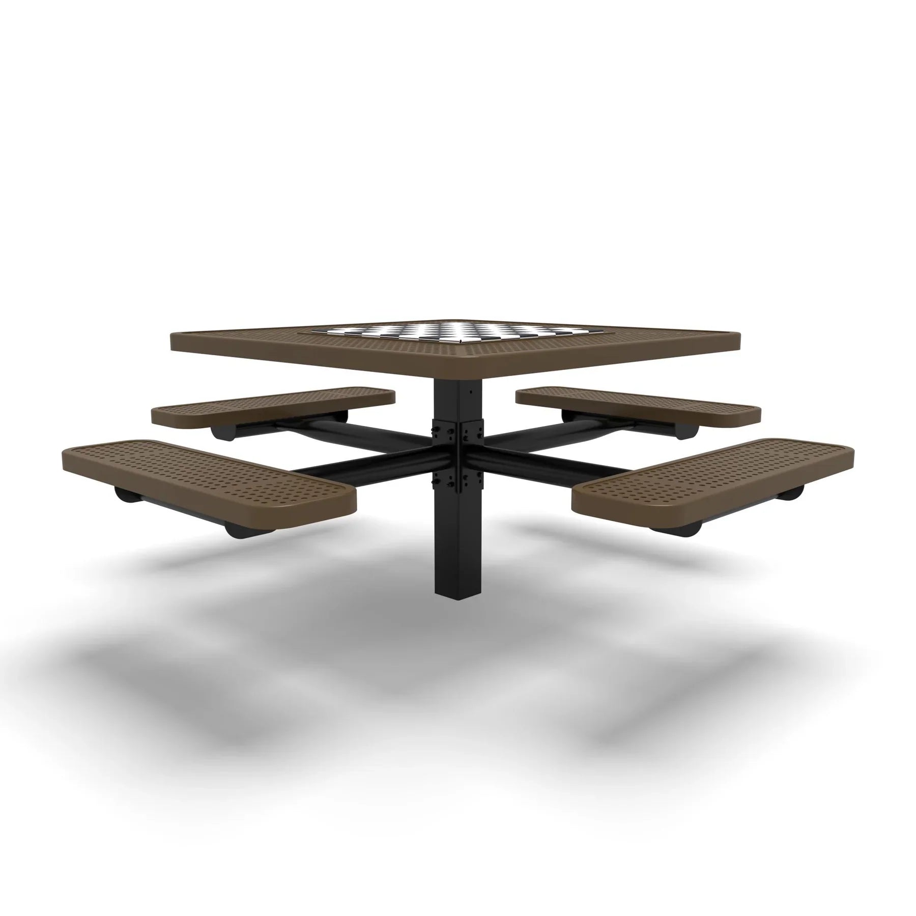 Black & Brown Wabash Valley Signature Square Pedestal Picnic Table, Perforated, Chessboard - 4 Seats - Inground - 46 Inch, in plastisol-coated steel, model SP225P, chess and checkers table