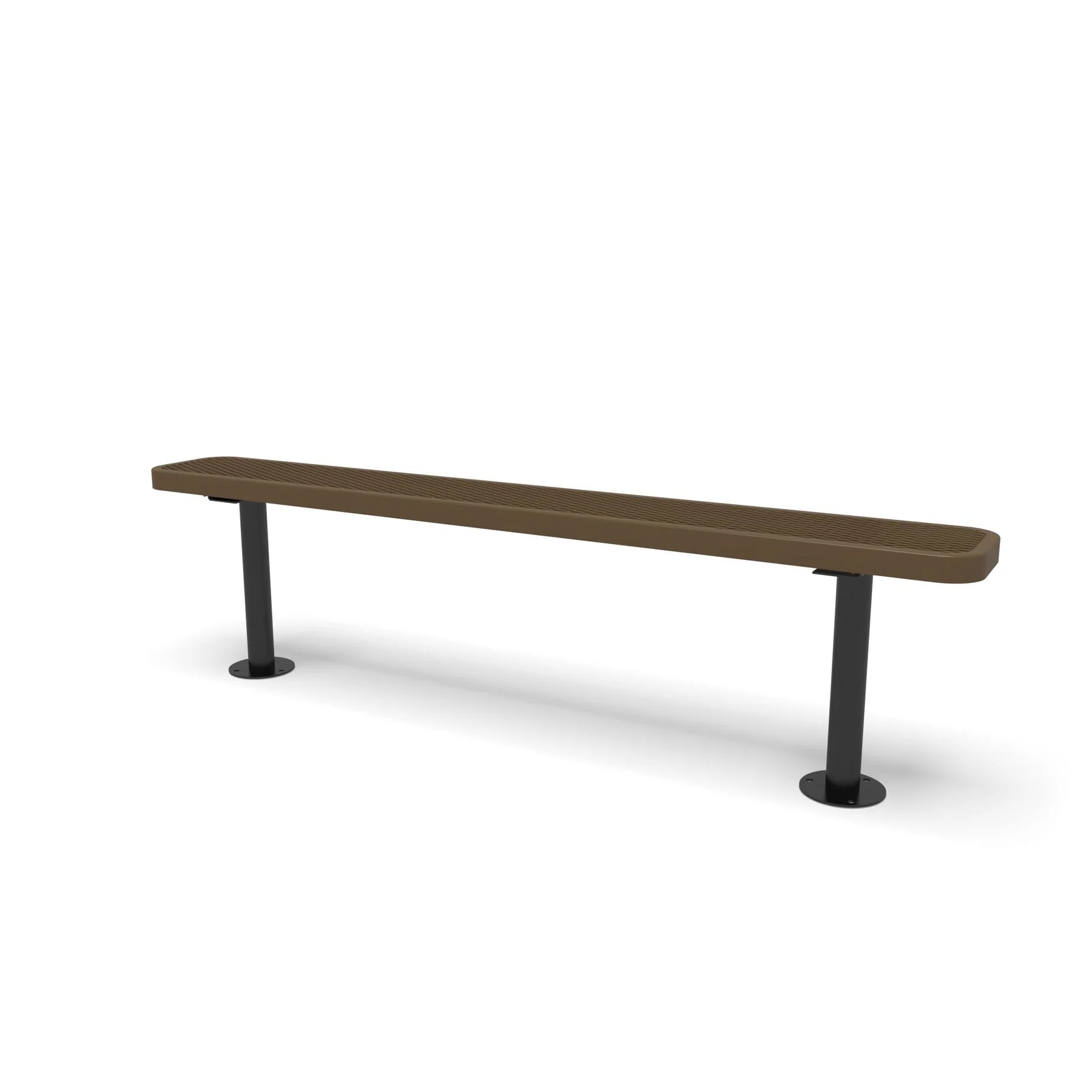 Black & Brown Wabash Valley Signature Steel Backless Bench, Diamond, 6' Surface Mount base plates, brown seat on a black frame, plastisol-coated steel, outdoor seating bench