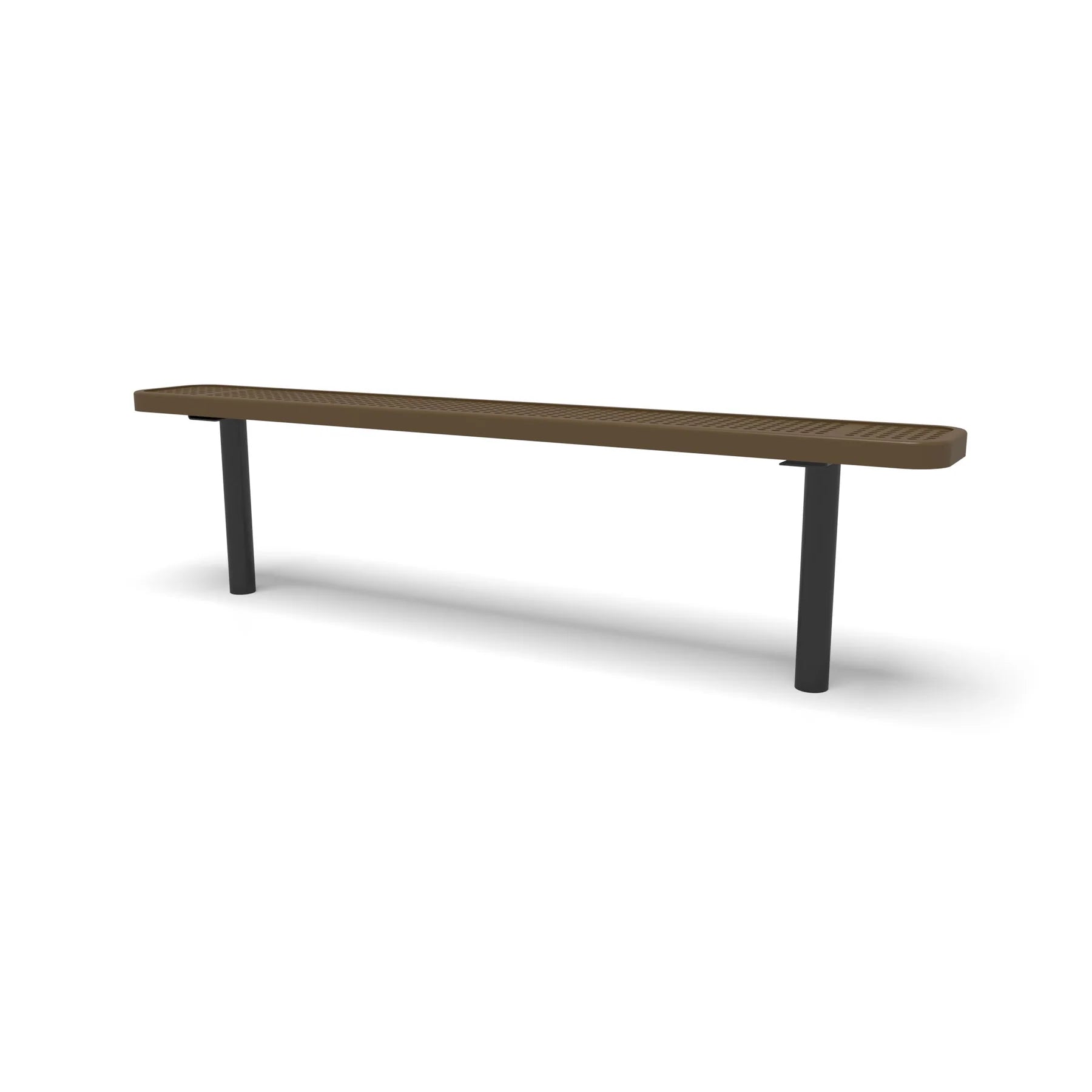 Black & Brown Wabash Valley Signature Steel Backless Bench, Perforated, 6' Inground posts, brown seat on a black frame, plastisol-coated steel, commercial seating bench