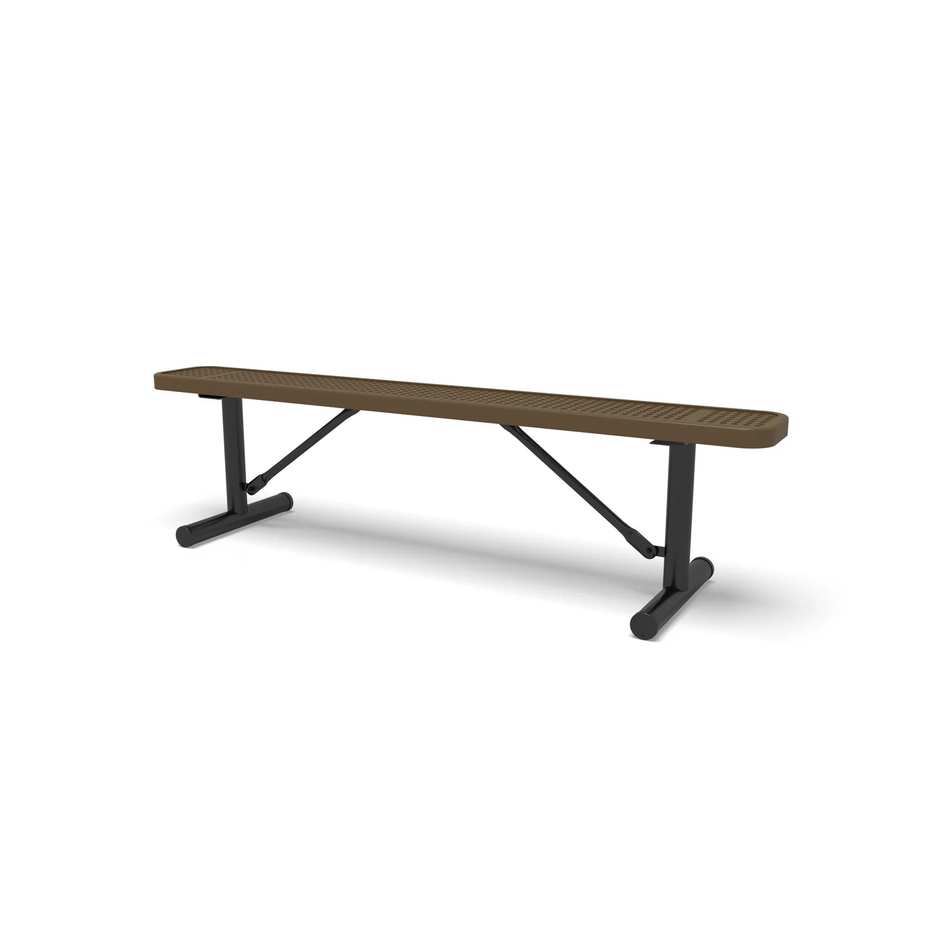 Black & Brown Wabash Valley Signature Steel Backless Bench, Perforated, 6' Portable with braced legs, brown seat on a black frame, plastisol-coated steel, commercial seating bench