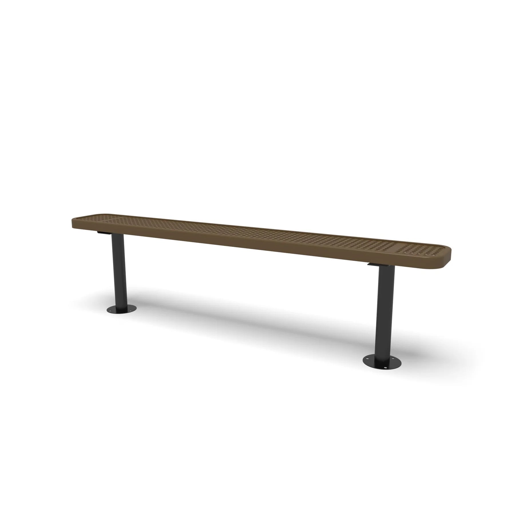 Black & Brown Wabash Valley Signature Steel Backless Bench, Perforated, 6' Surface Mount base plates, brown seat on a black frame, plastisol-coated steel, team bench