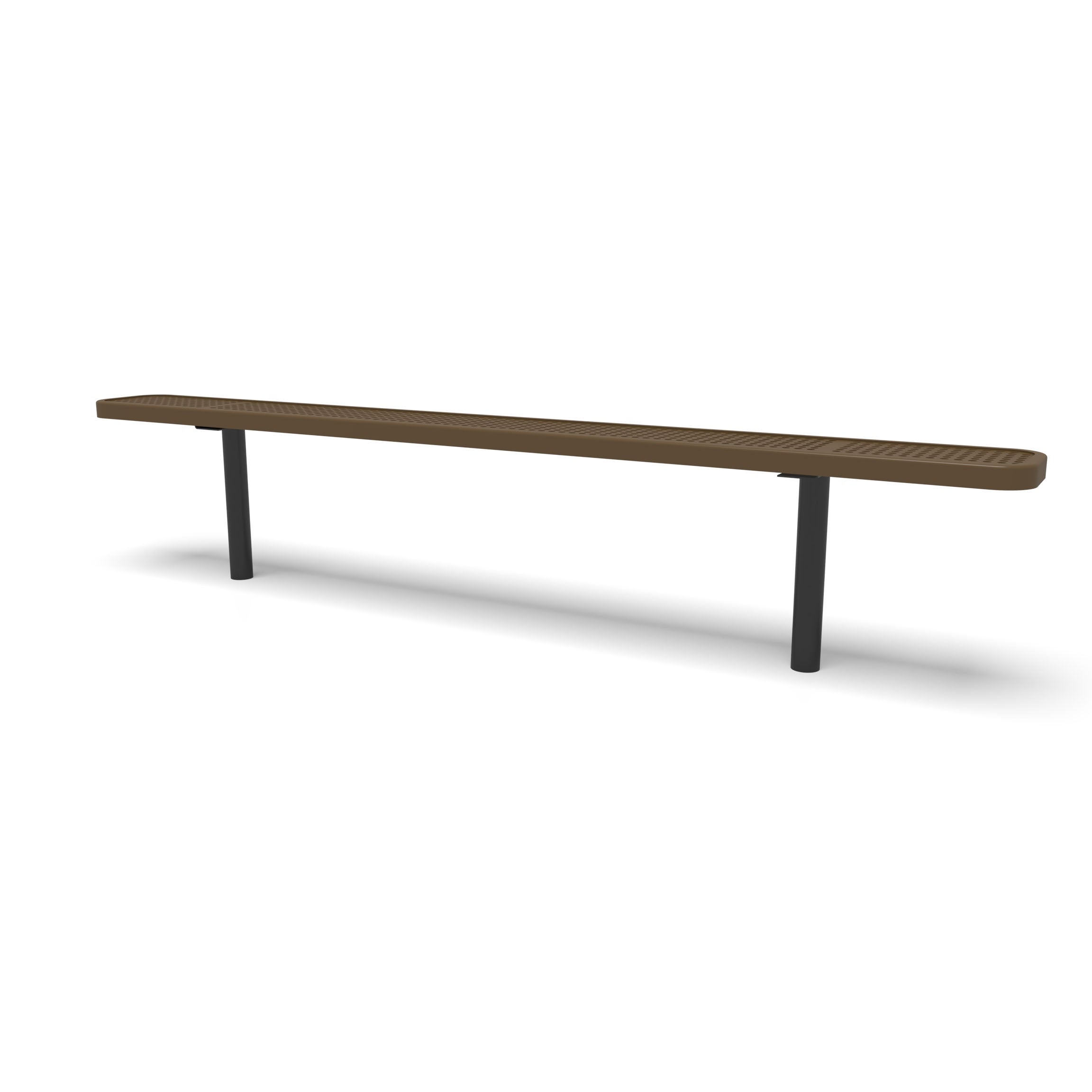 Black & Brown Wabash Valley Signature Steel Backless Bench, Perforated, 8' Inground posts, brown seat on a black frame, plastisol-coated steel, commercial seating bench