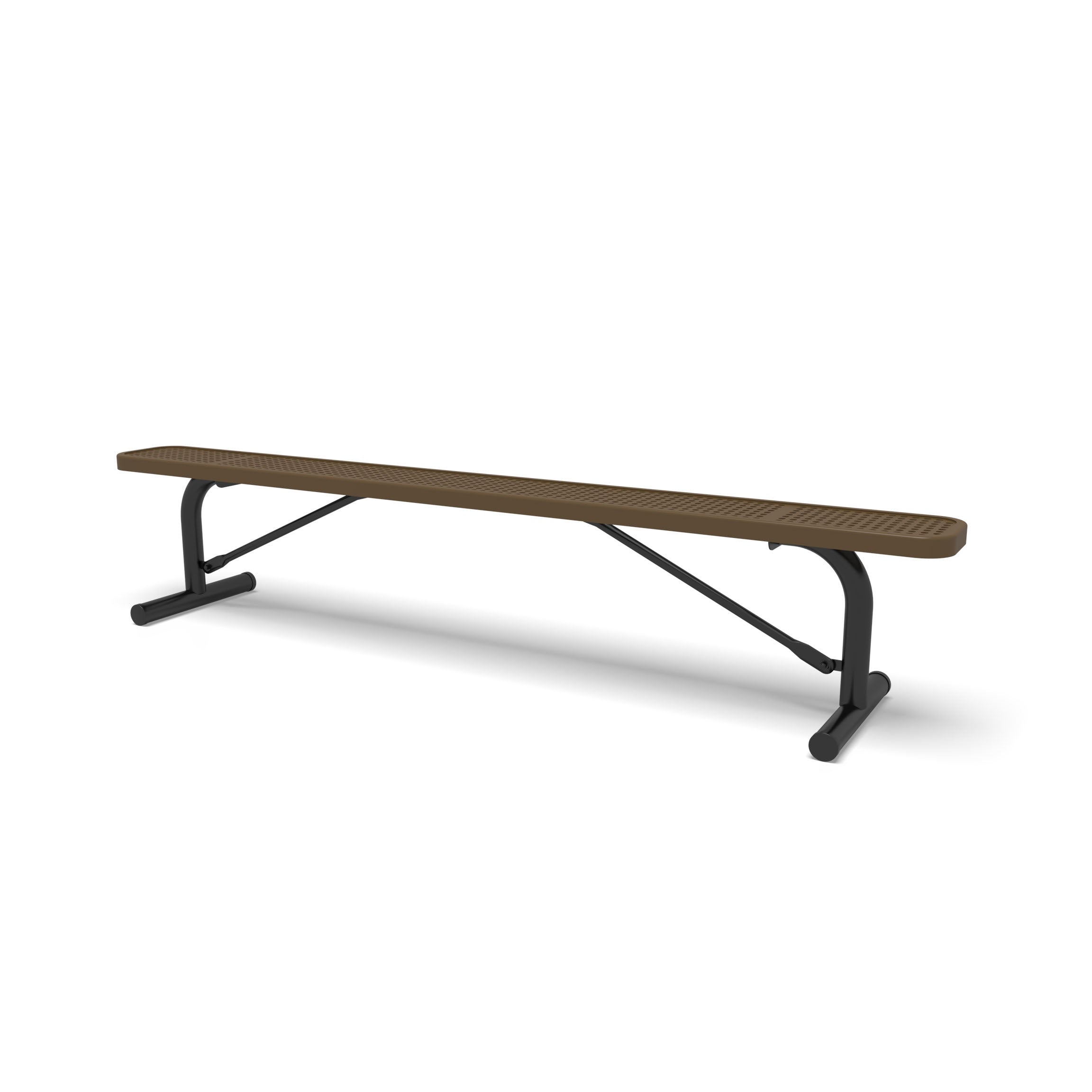 Black & Brown Wabash Valley Signature Steel Backless Bench, Perforated, 8' Portable with braced legs, brown seat on a black frame, plastisol-coated steel, long outdoor bench