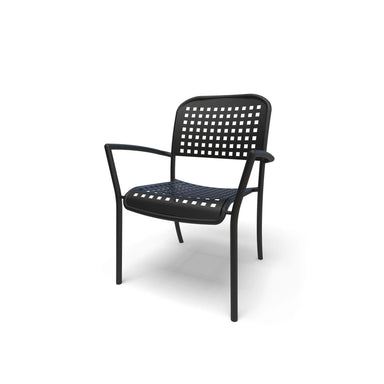 Black frame Hanna perforated dining chair with arms, powder-coated aluminum, model HA911AP, restaurant chairs