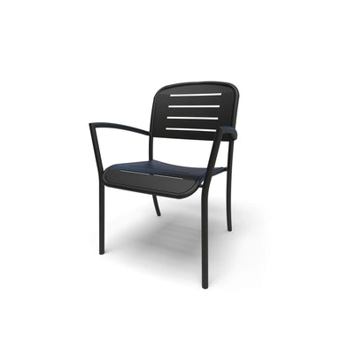 Black frame Hanna slat dining chair with arms, powder-coated aluminum, model HA9119P, metal patio chairs