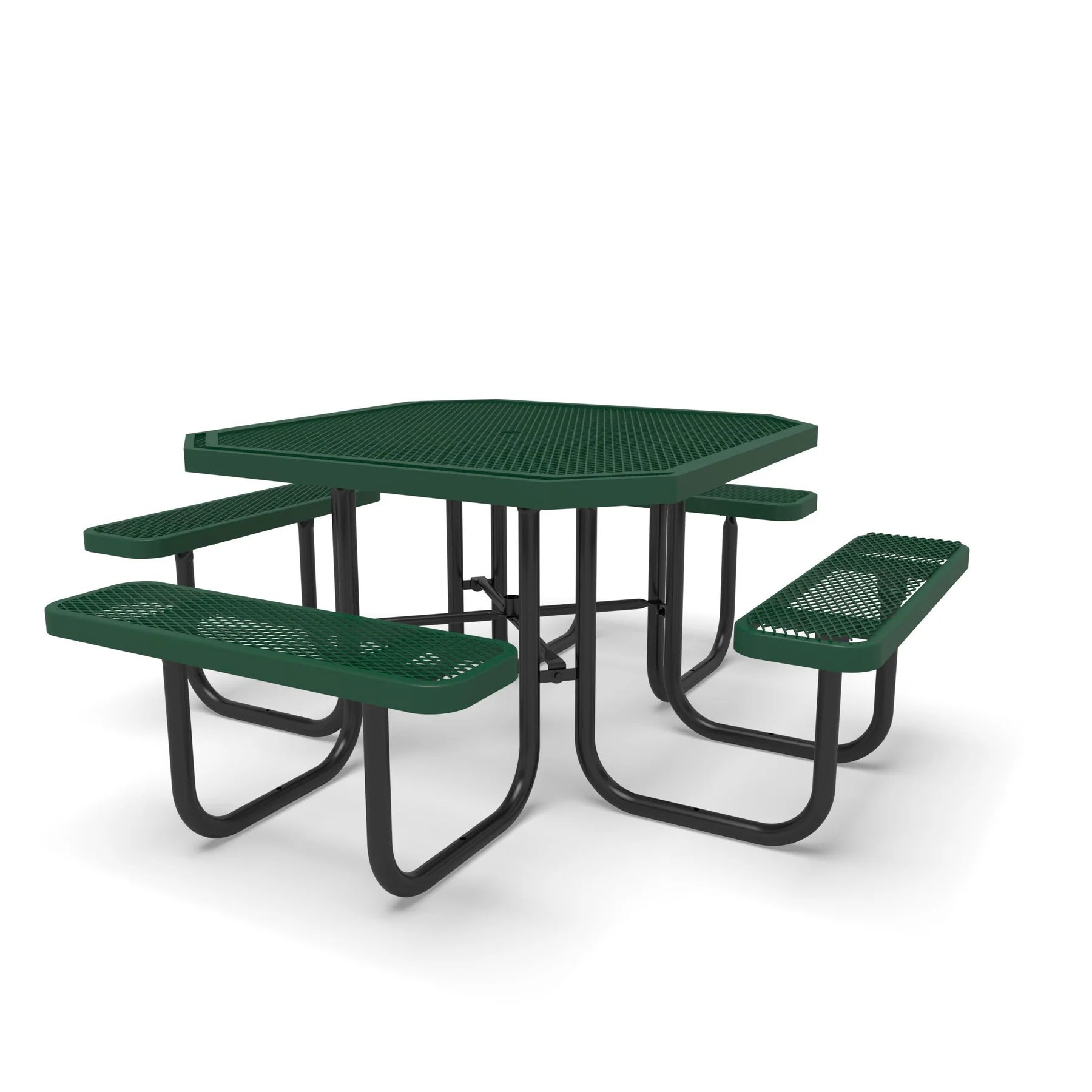 Black & Green Wabash Valley Signature Octagon Diamond Metal Portable Picnic Table, green top and seats on a black frame, plastisol-coated steel, 4 seat picnic table