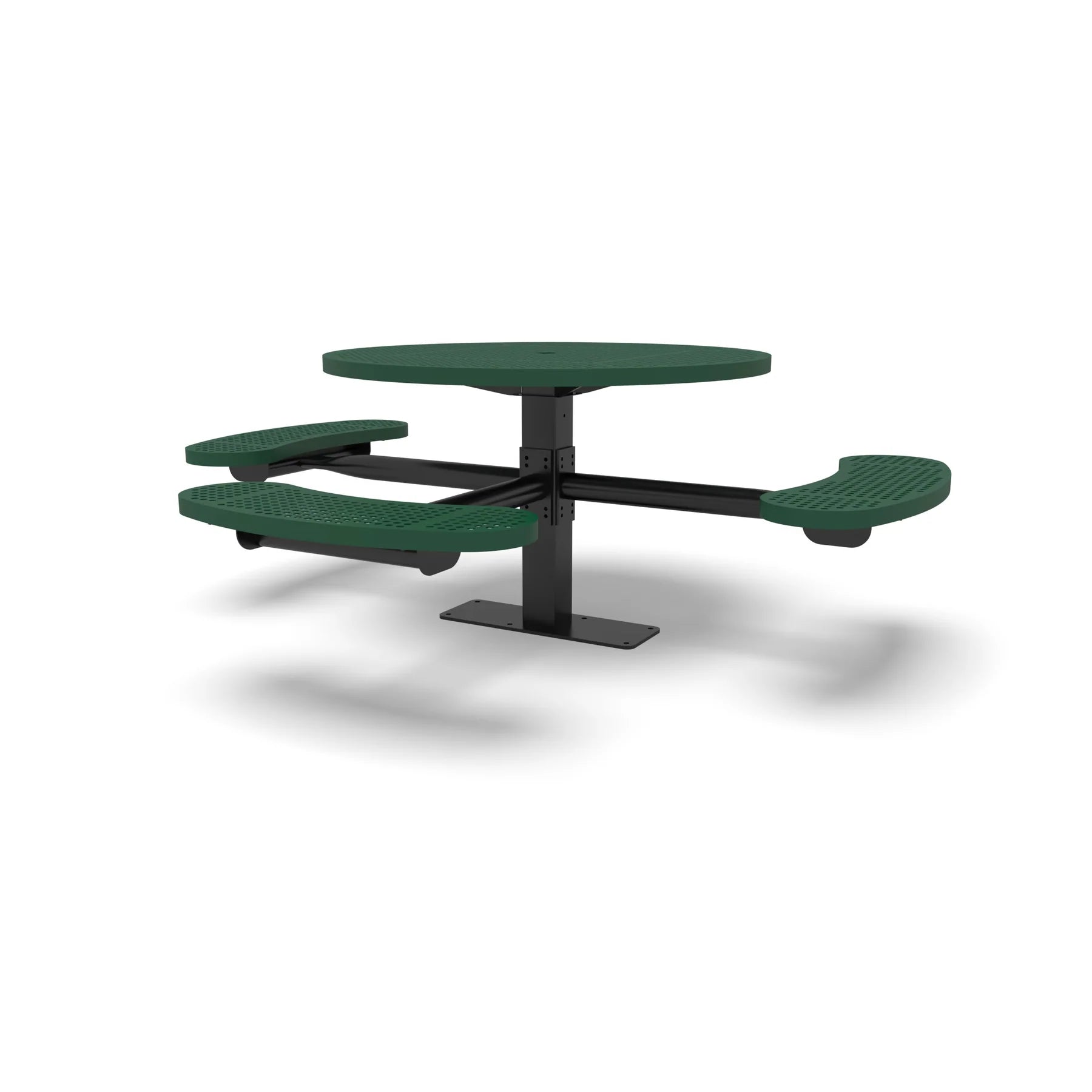 Black & Green Wabash Valley Signature Round Pedestal Picnic Table, Perforated, Standard - ADA Accessible - Surface Mount, in plastisol-coated steel, model SG249P, commercial patio furniture