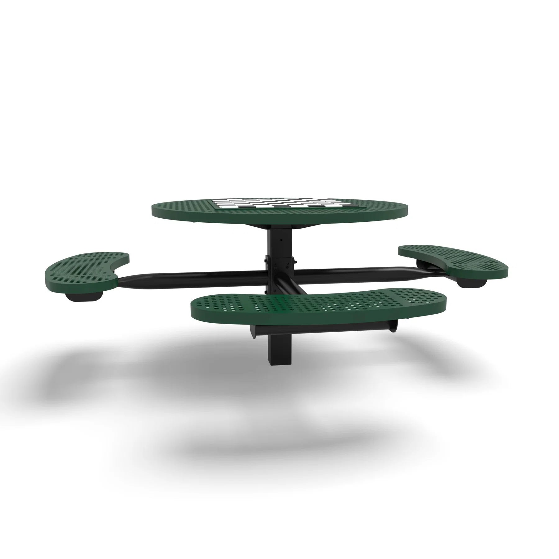 Black & Green Wabash Valley Signature Round Pedestal Picnic Table, Perforated, Chessboard - ADA Accessible - Inground, in plastisol-coated steel, model SP215P, park chess table