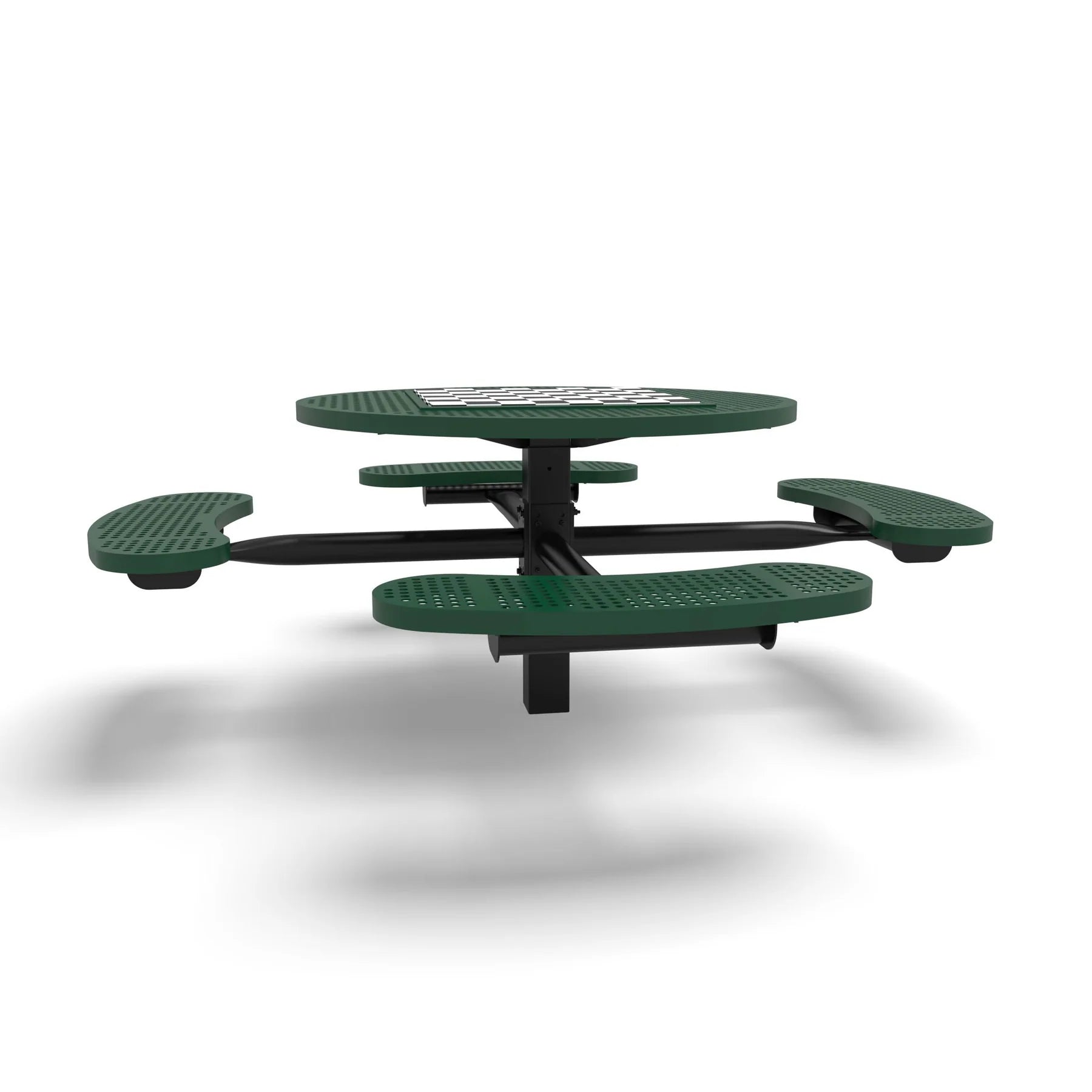 Black & Green Wabash Valley Signature Round Pedestal Picnic Table, Perforated, Chessboard - 4 Seats - Inground, in plastisol-coated steel, model SP210P, park chess table