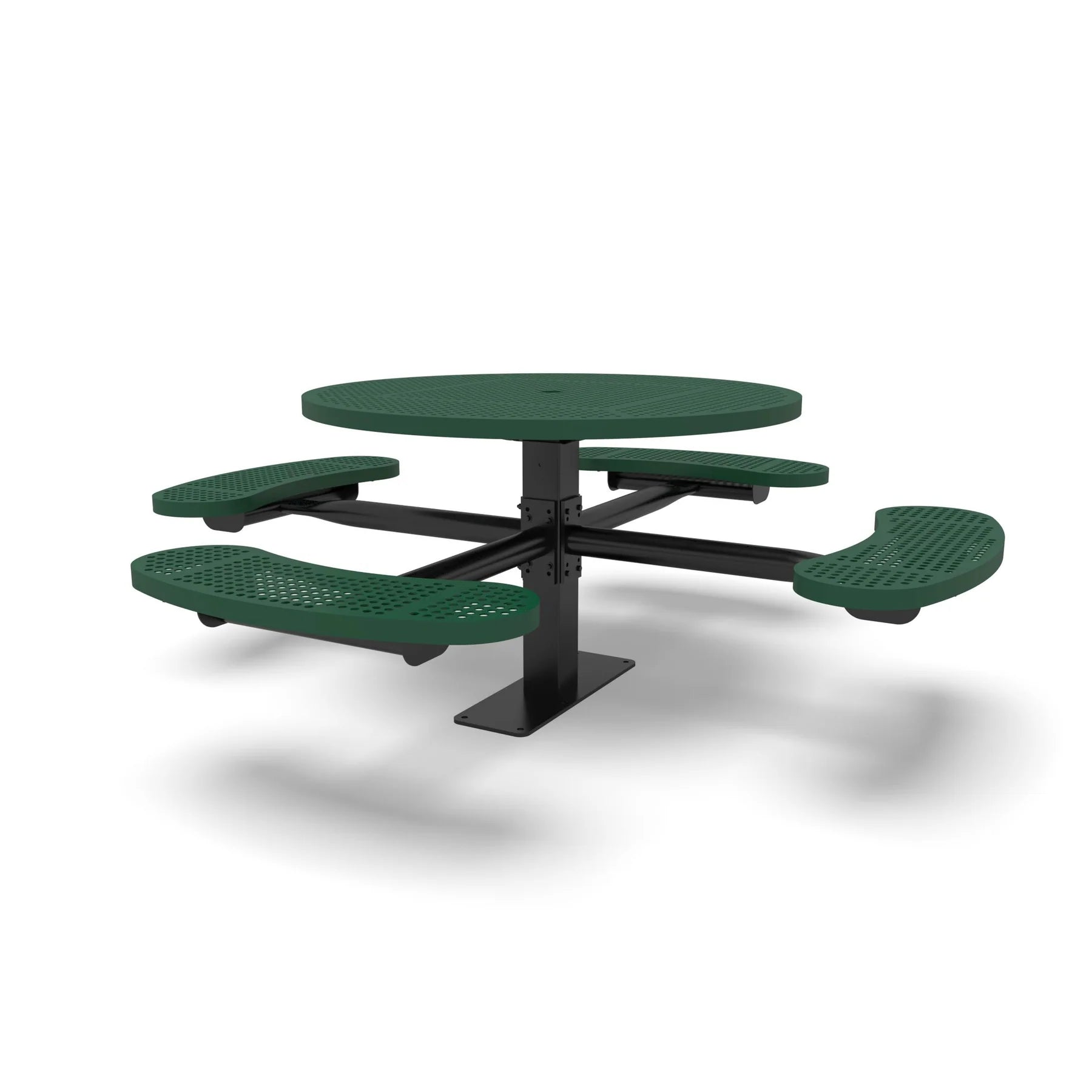 Black & Green Wabash Valley Signature Round Pedestal Picnic Table, Perforated, Standard - 4 Seats - Surface Mount, in plastisol-coated steel, model SG244P, outdoor cafe tables