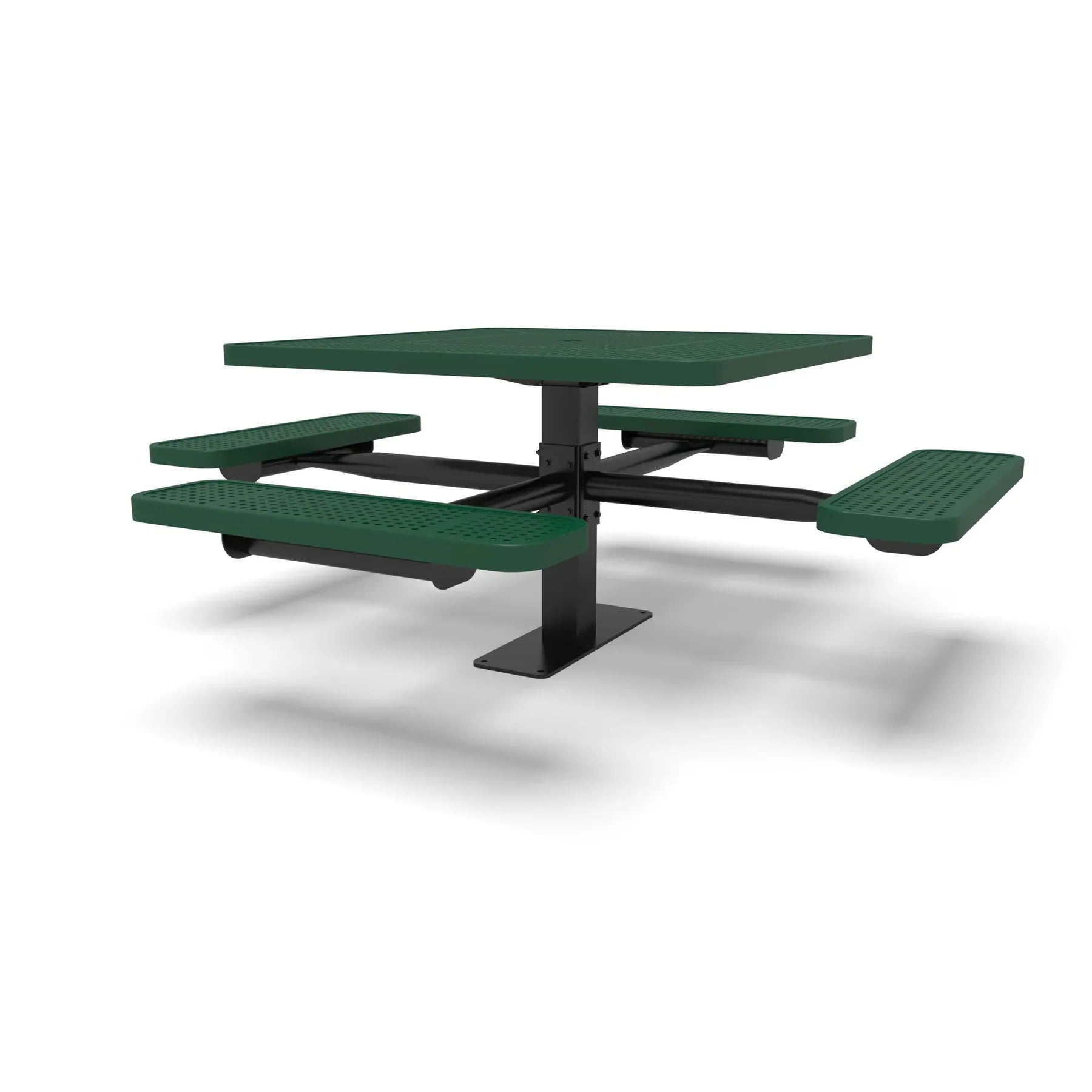 Black & Green Wabash Valley Signature Square Pedestal Picnic Table, Perforated, Standard - 4 Seats - Surface Mount - 46 Inch, in plastisol-coated steel, model SG229P, outdoor eating tables