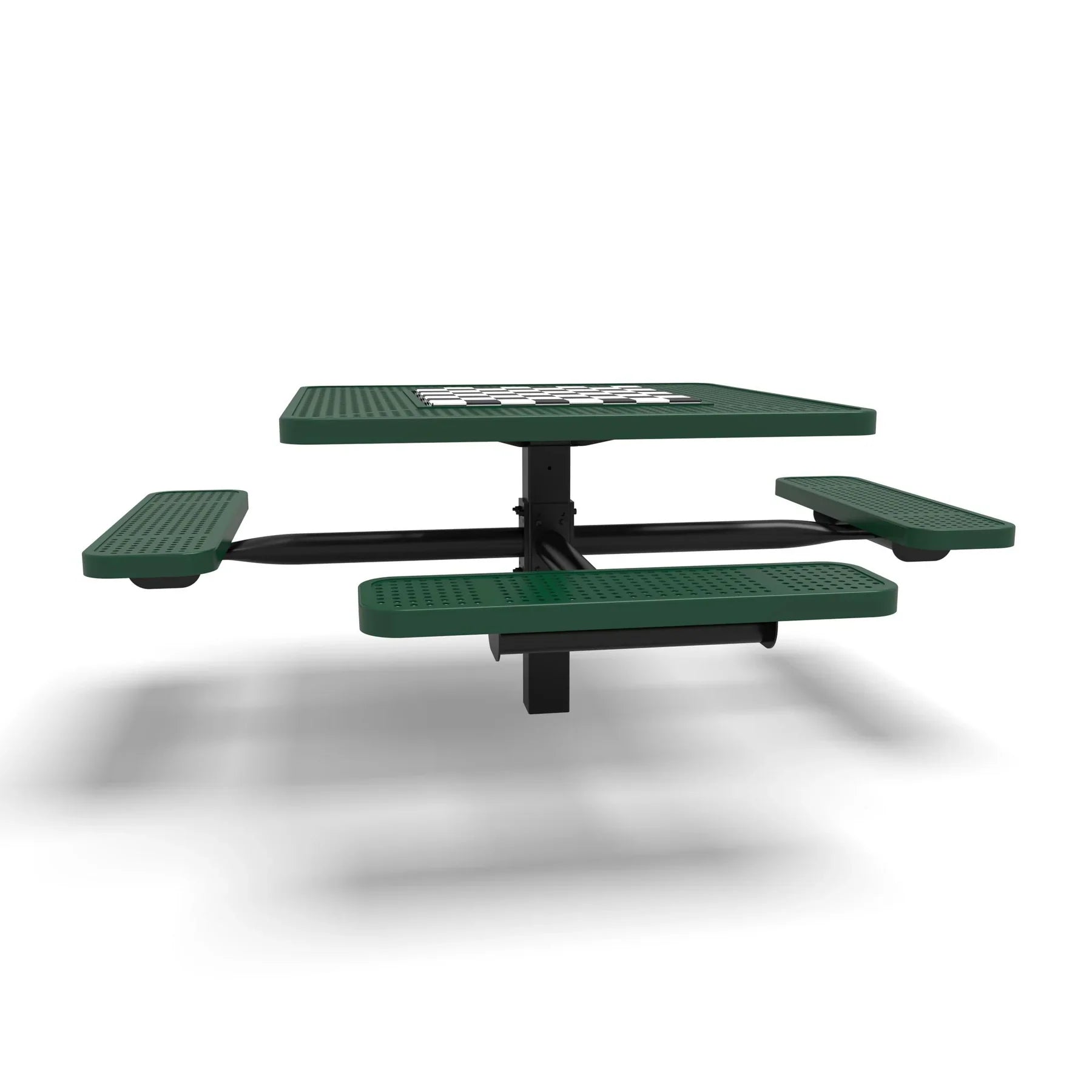 Black & Green Wabash Valley Signature Square Pedestal Picnic Table, Perforated, Chessboard - ADA Accessible - Inground - 46 Inch, in plastisol-coated steel, model SP230P, chess and checkers table