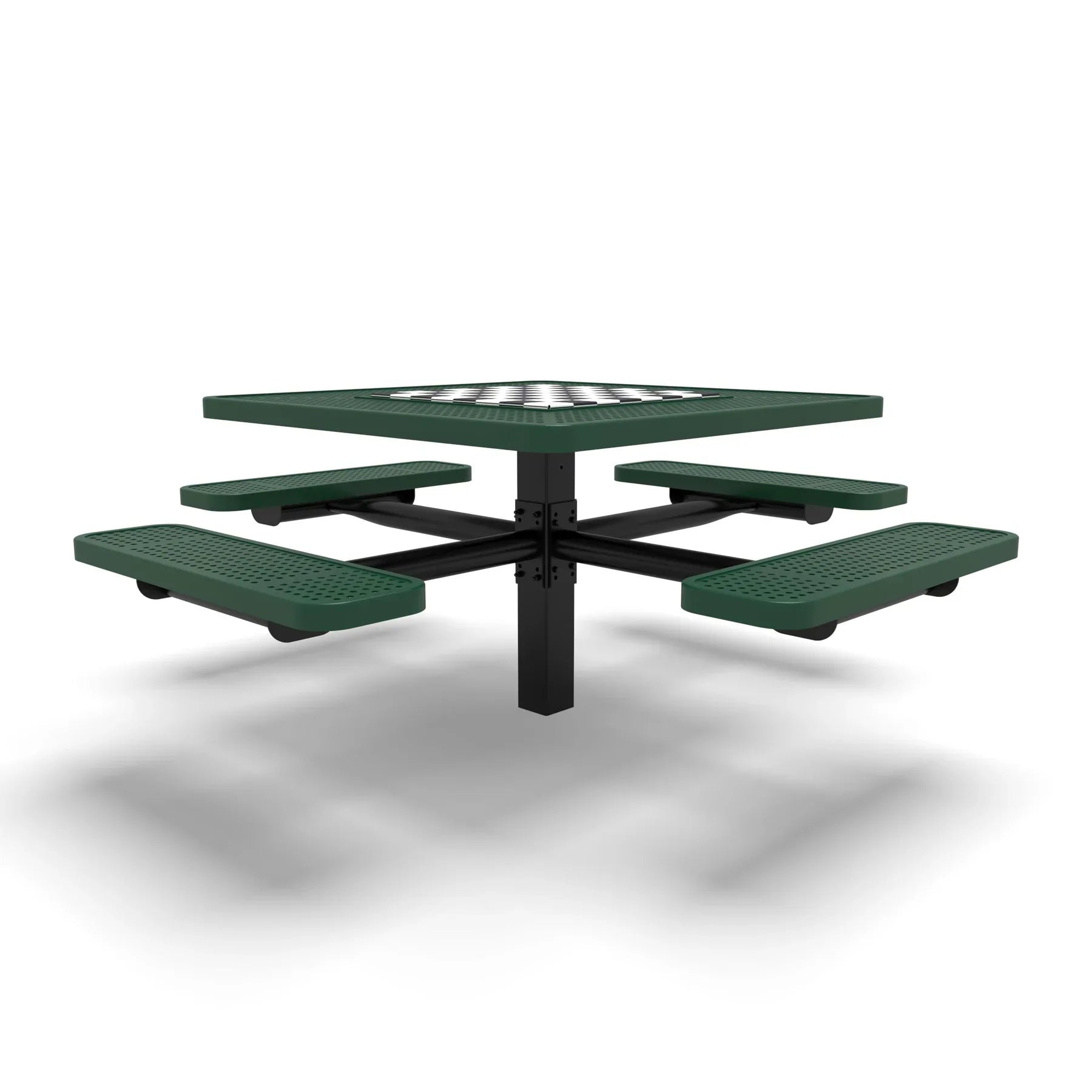Black & Green Wabash Valley Signature Square Pedestal Picnic Table, Perforated, Chessboard - 4 Seats - Inground - 46 Inch, in plastisol-coated steel, model SP225P, chess and checkers table