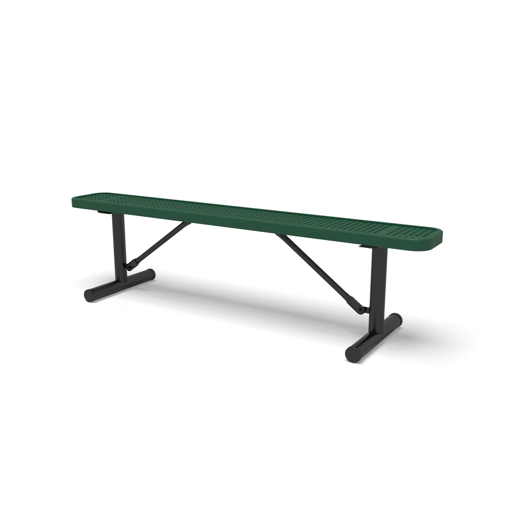 Black & Green Wabash Valley Signature Steel Backless Bench, Perforated, 6' Portable with braced legs, green seat on a black frame, plastisol-coated steel, team bench