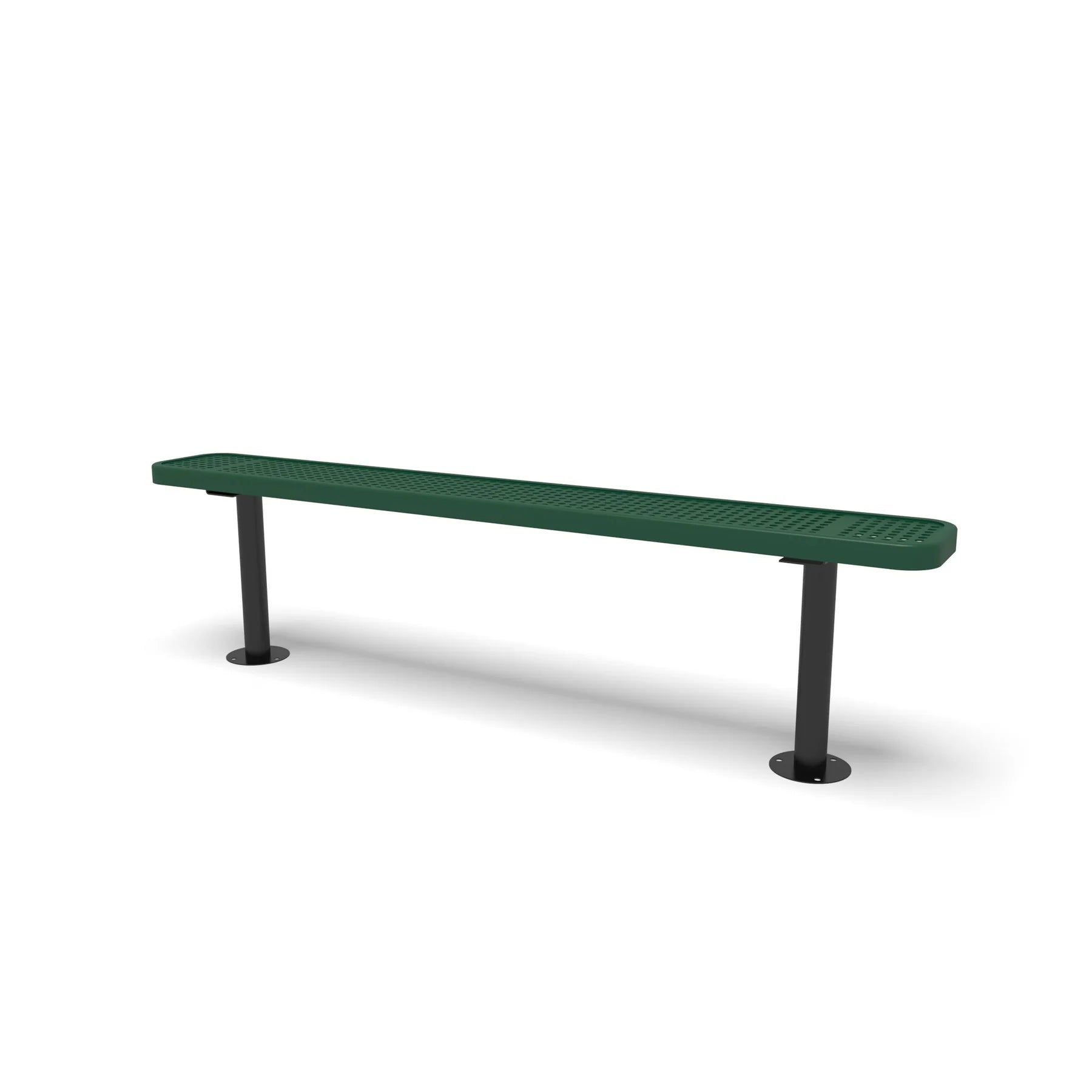 Black & Green Wabash Valley Signature Steel Backless Bench, Perforated, 6' Surface Mount base plates, green seat on a black frame, plastisol-coated steel, commercial seating bench