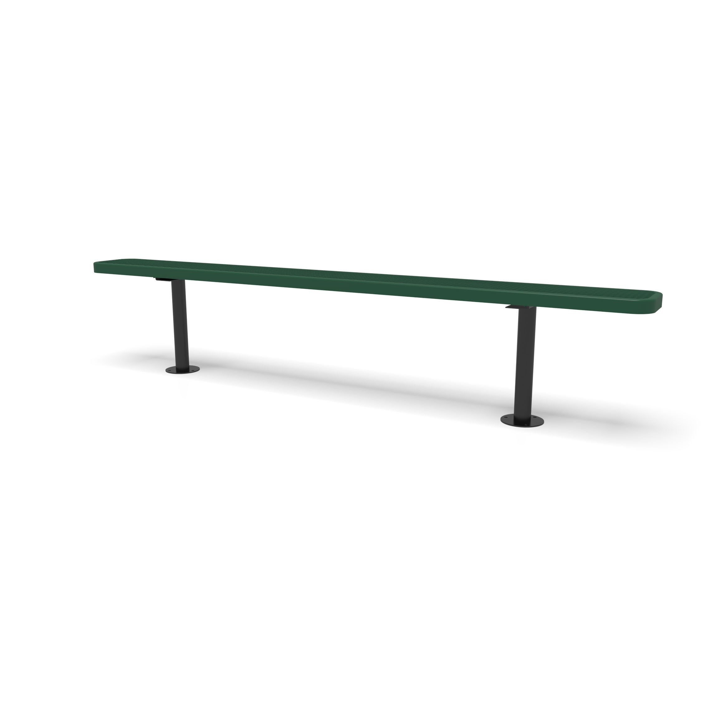 Black & Green Wabash Valley Signature Steel Backless Bench, Diamond, 8' Surface Mount base plates, green seat on a black frame, plastisol-coated steel, long outdoor bench
