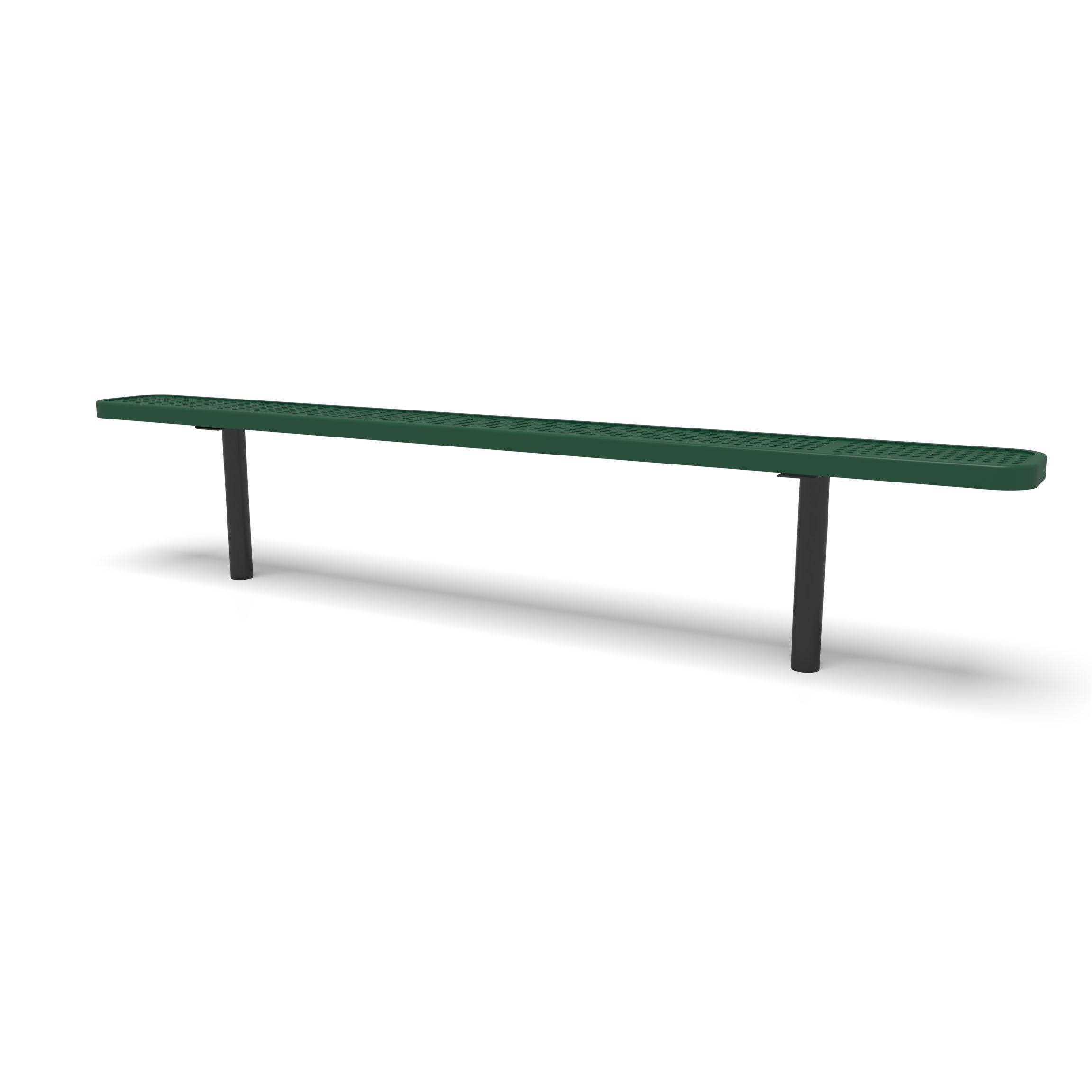 Black & Green Wabash Valley Signature Steel Backless Bench, Perforated, 8' Inground posts, green seat on a black frame, plastisol-coated steel, 8 foot bench