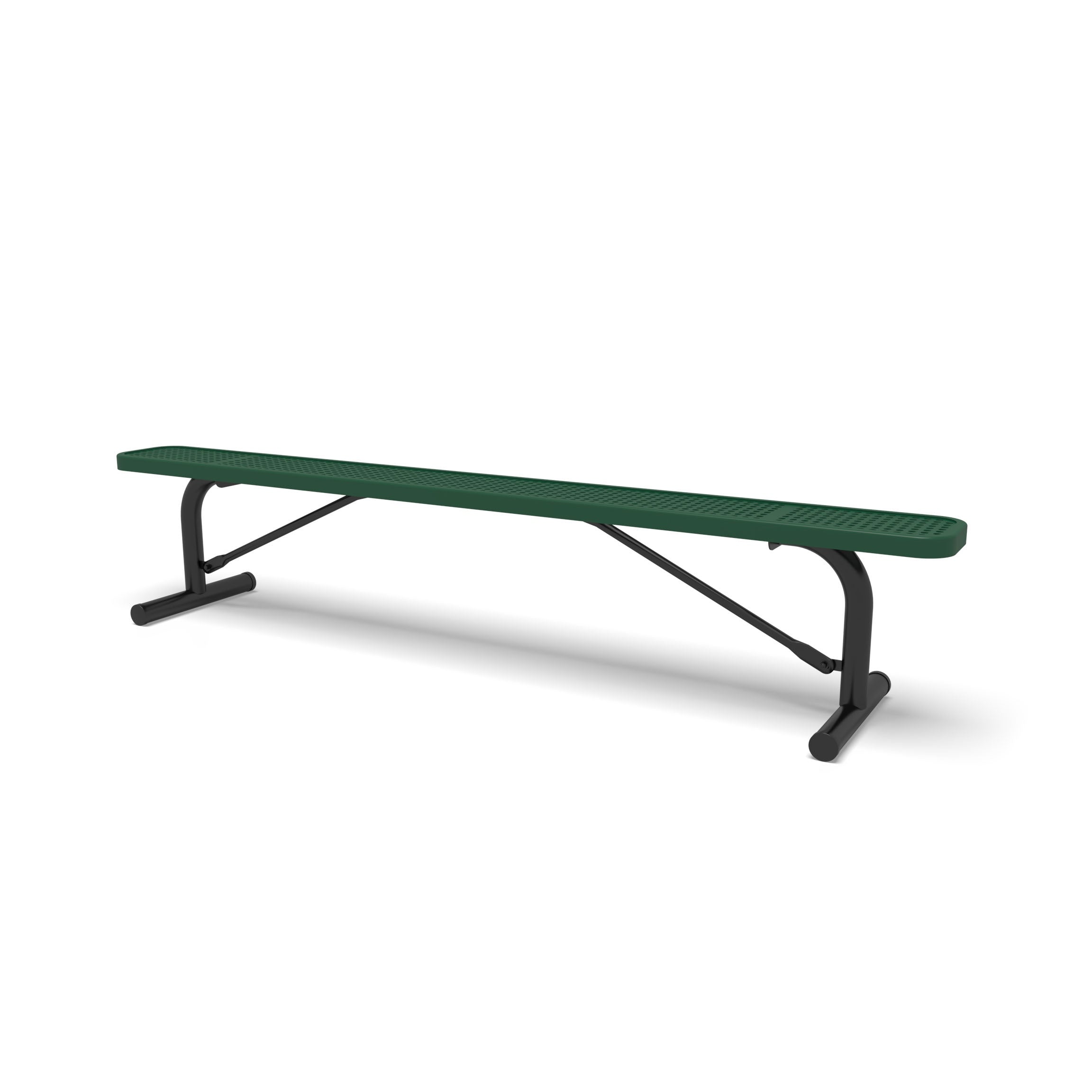 Black & Green Wabash Valley Signature Steel Backless Bench, Perforated, 8' Portable with braced legs, green seat on a black frame, plastisol-coated steel, outdoor bench without back