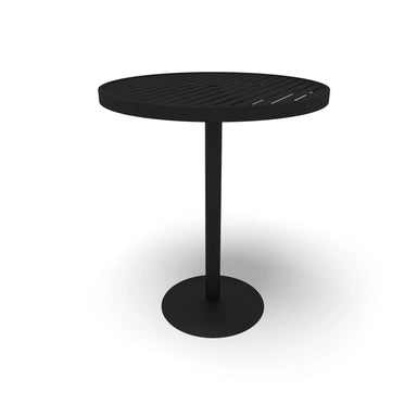 Black Hanna slat round bar table, powder-coated aluminum top on a steel pedestal, model HAAI79P, high top bar table