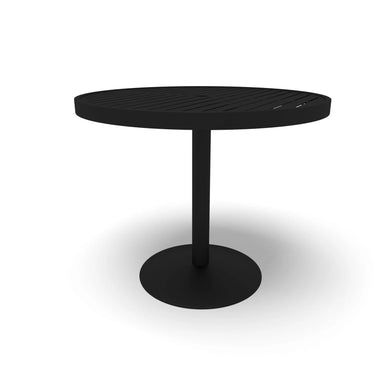 Black Hanna slat round dining table, powder-coated aluminum top on a steel pedestal, model HA2I79P, outdoor bistro table