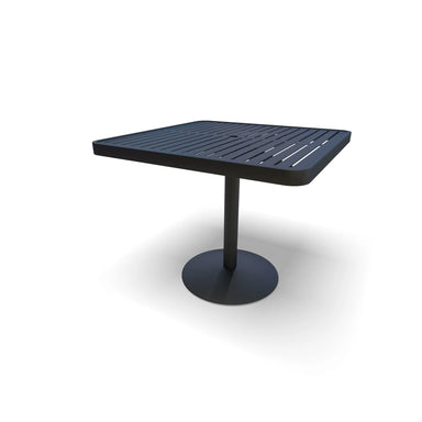 Black Hanna slat square dining table, powder-coated aluminum top on a steel pedestal, model HA2V79P, aluminum patio table