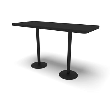 Black Hanna solid top 30 x 72 bar table, powder-coated aluminum top on two steel pedestals, model HAA5E7P, community table