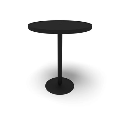 Black Hanna solid top round bar table, powder-coated aluminum top on a steel pedestal, model HAAI77P, round high top table