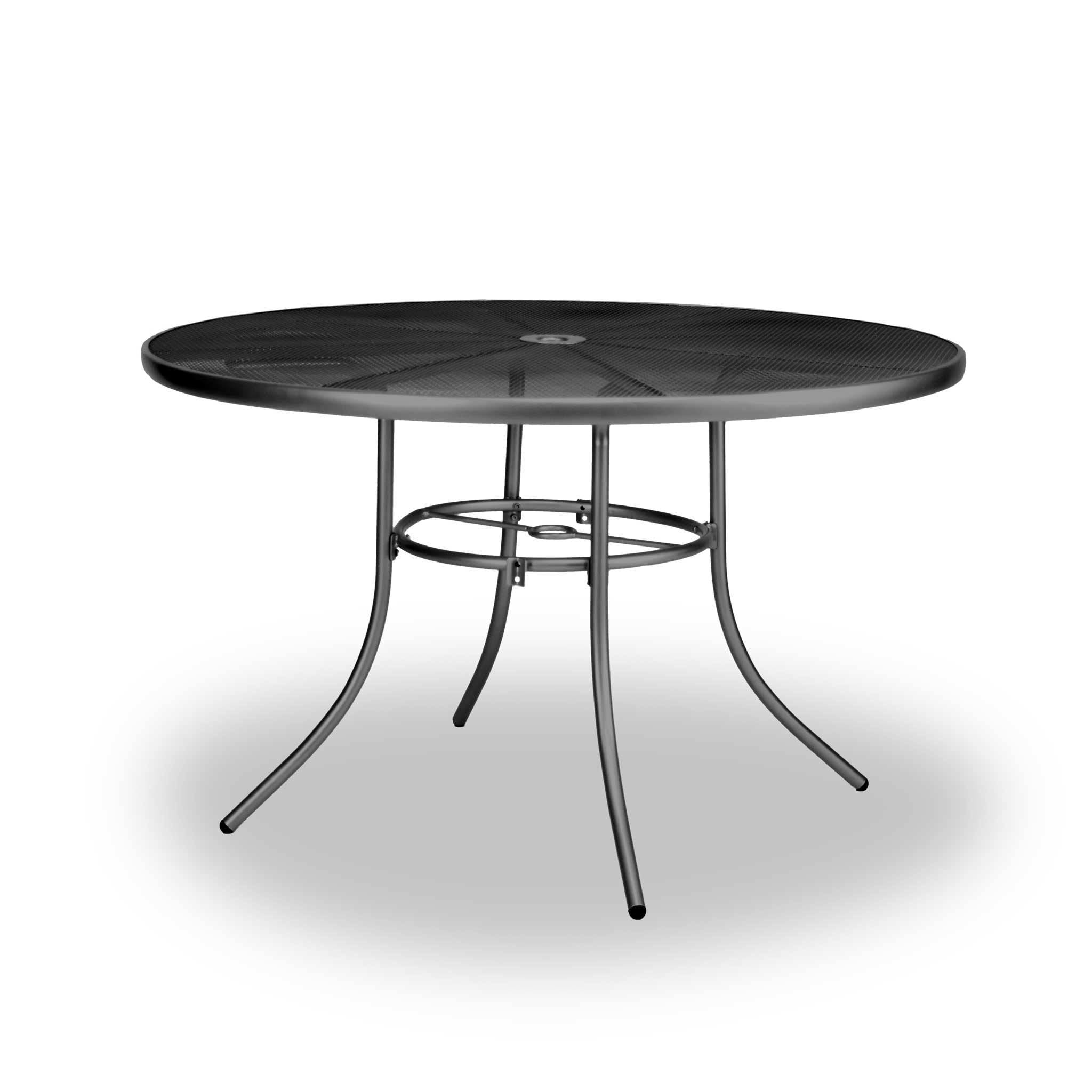 Black Highland 48 inch round steel mesh patio table with a 2 inch umbrella hole, model HL48RM, black round patio table