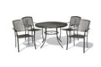Black round steel mesh patio table with four matching stacking chairs, Highland design, black patio table
