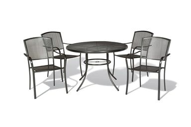 Black round steel mesh patio table with four matching stacking chairs, Highland design, black patio table