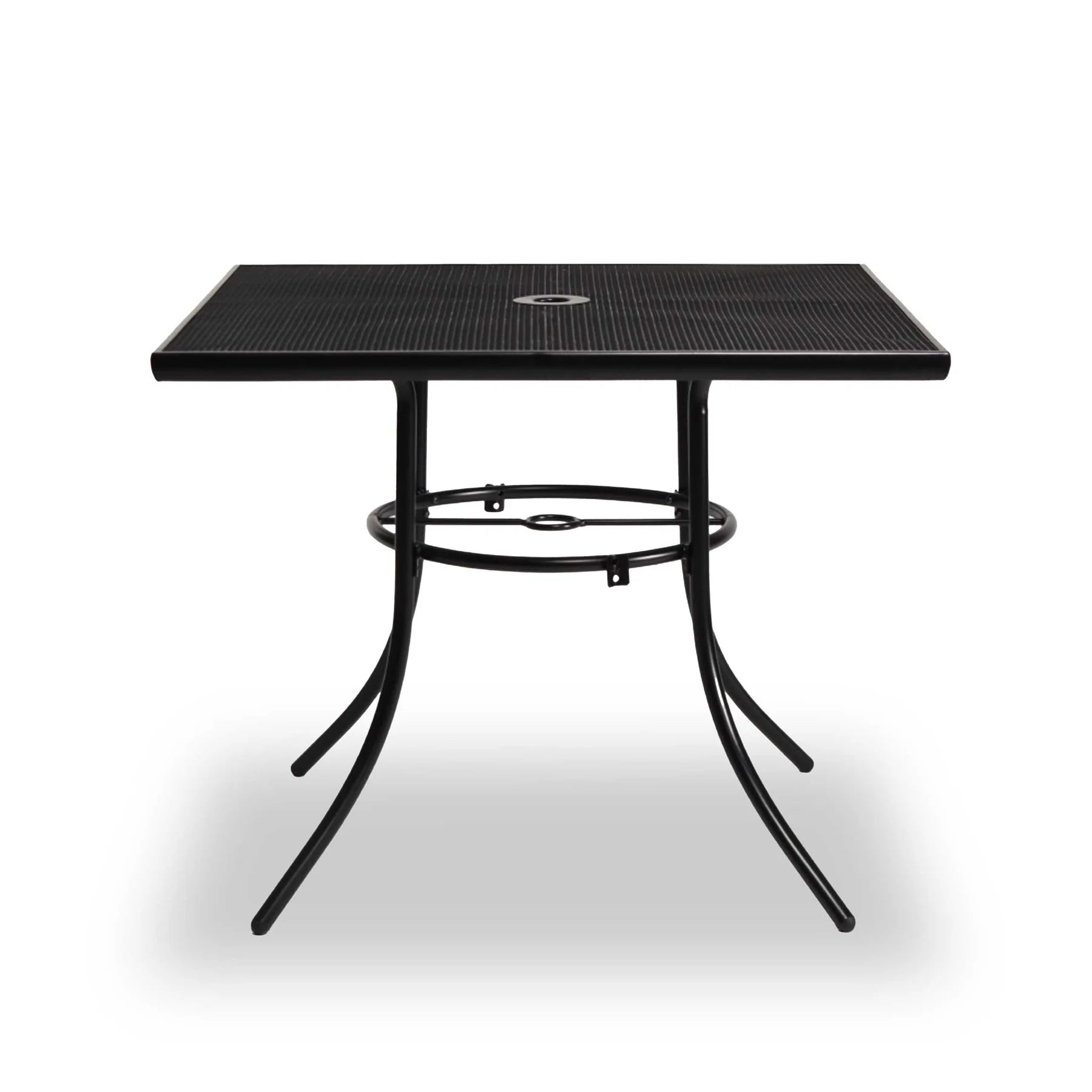 Front view of the Highland black 36 inch square steel mesh patio table, model HL36SM, mesh patio furniture